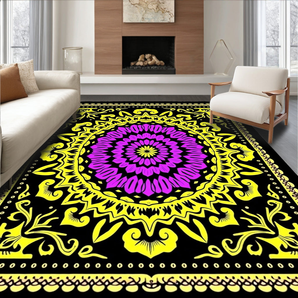 Vibrant Purple Floral Yellow Border Rug