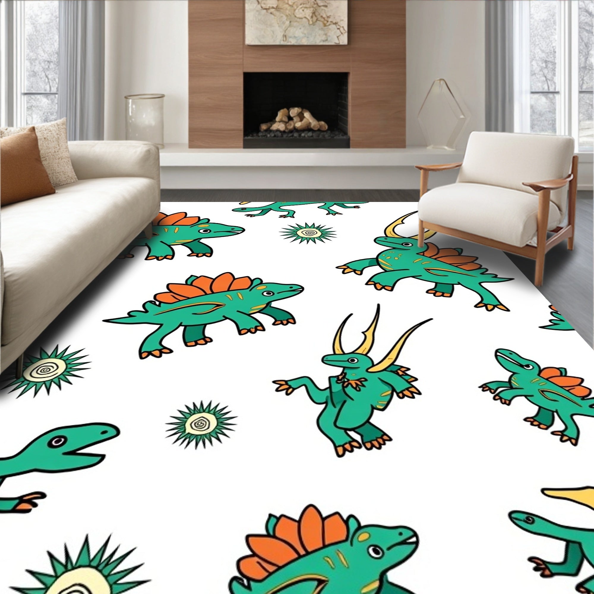 Whimsical Green Orange Dinosaur Friends Rug