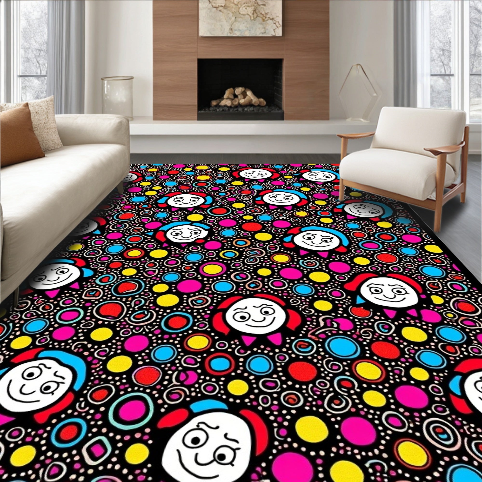 Whimsical Characters Colorful Polka Dot Background Rug