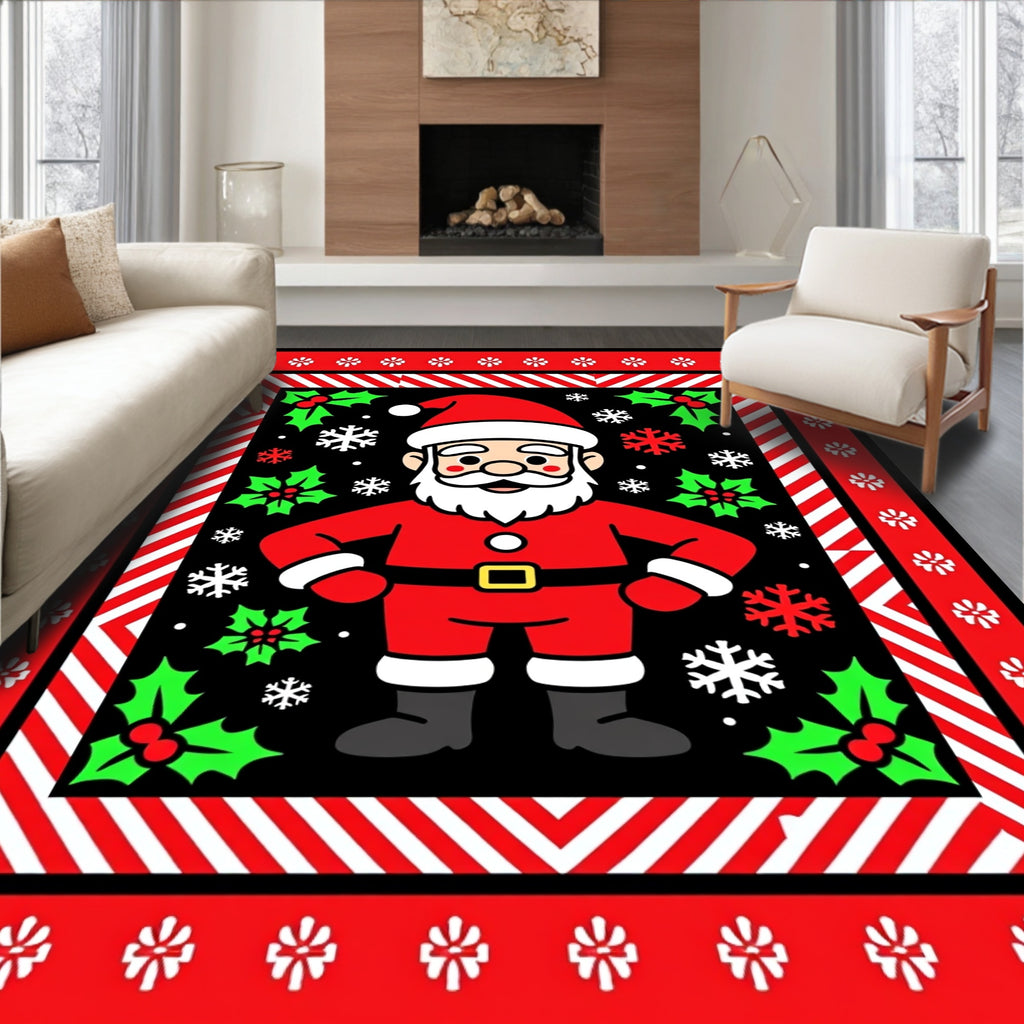 Jolly Santa Claus with Holly Snowflakes Rug