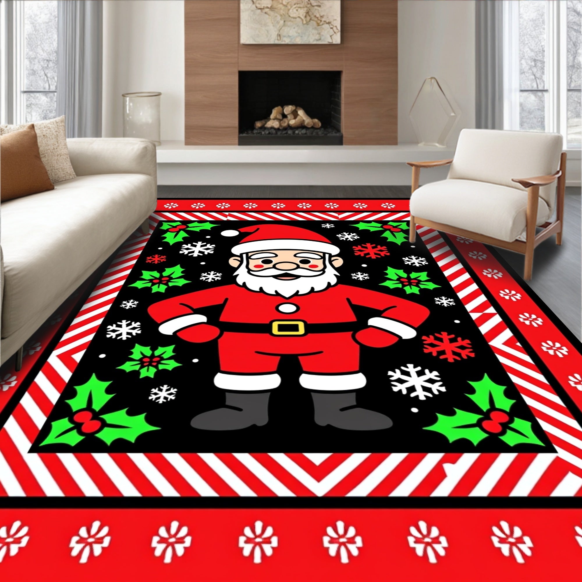 Jolly Santa Claus with Holly Snowflakes Rug