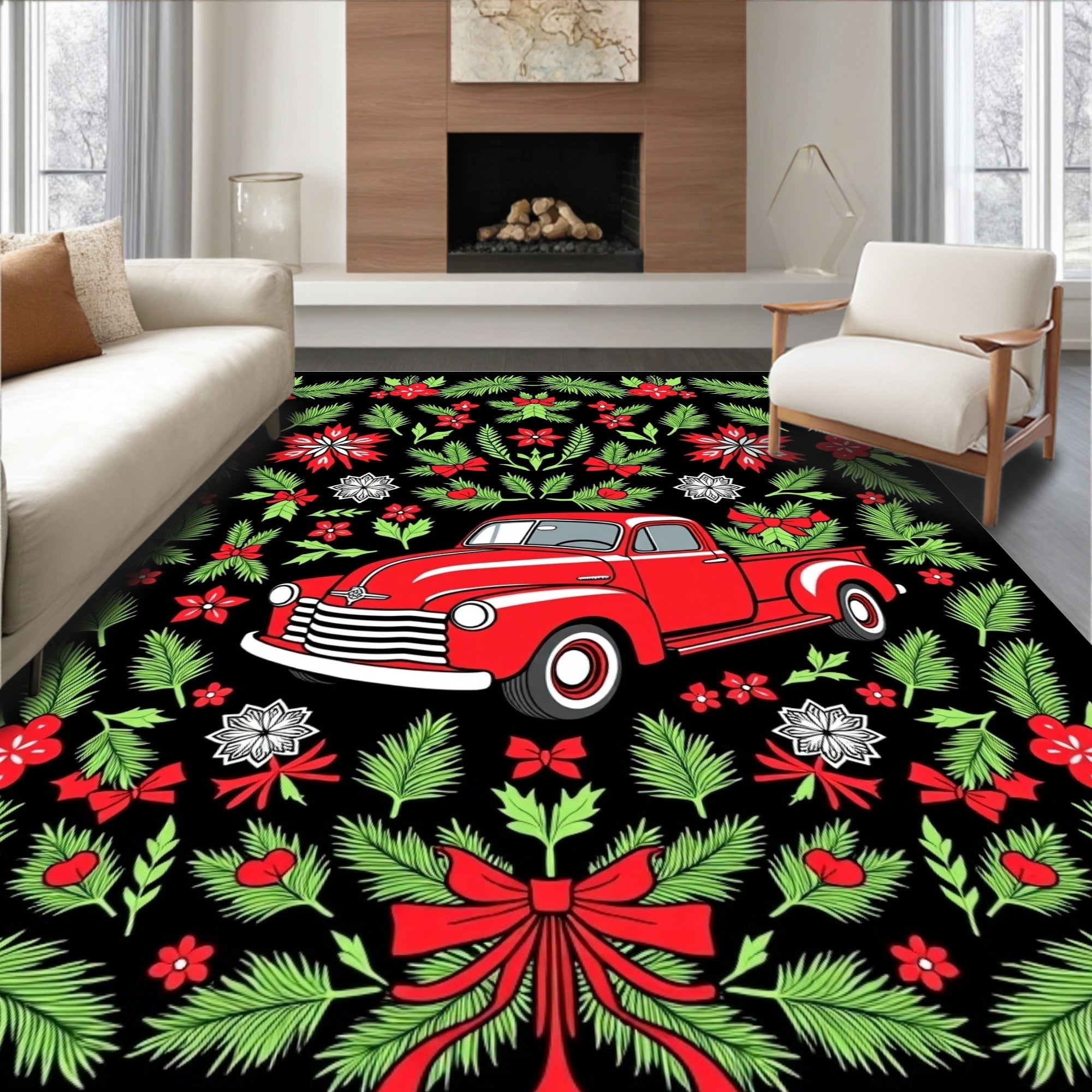 Vintage Red Truck Pine Garland Rug