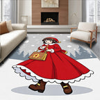Holiday Girl Red Dress Snowflake Forest Rug