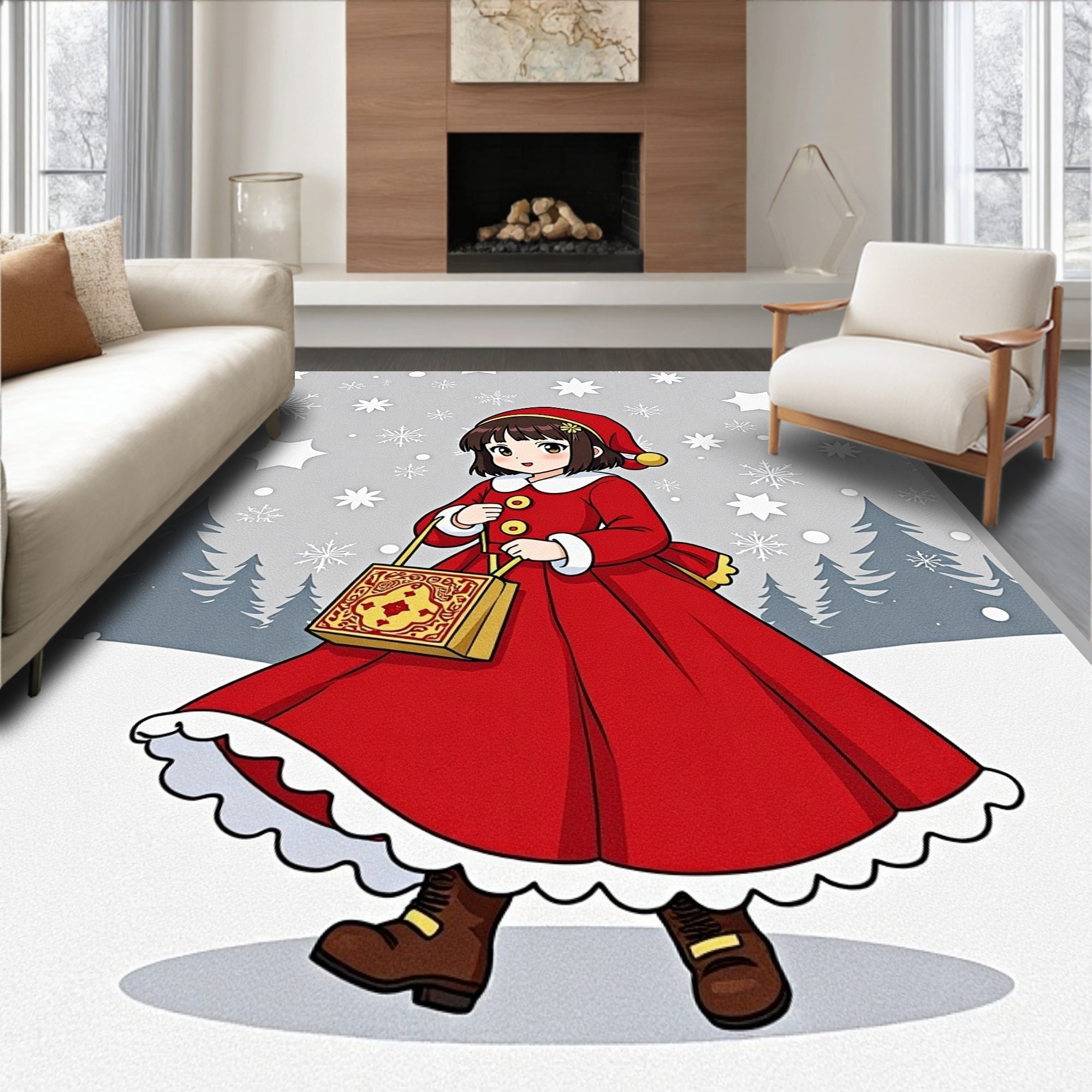 Holiday Girl Red Dress Snowflake Forest Rug