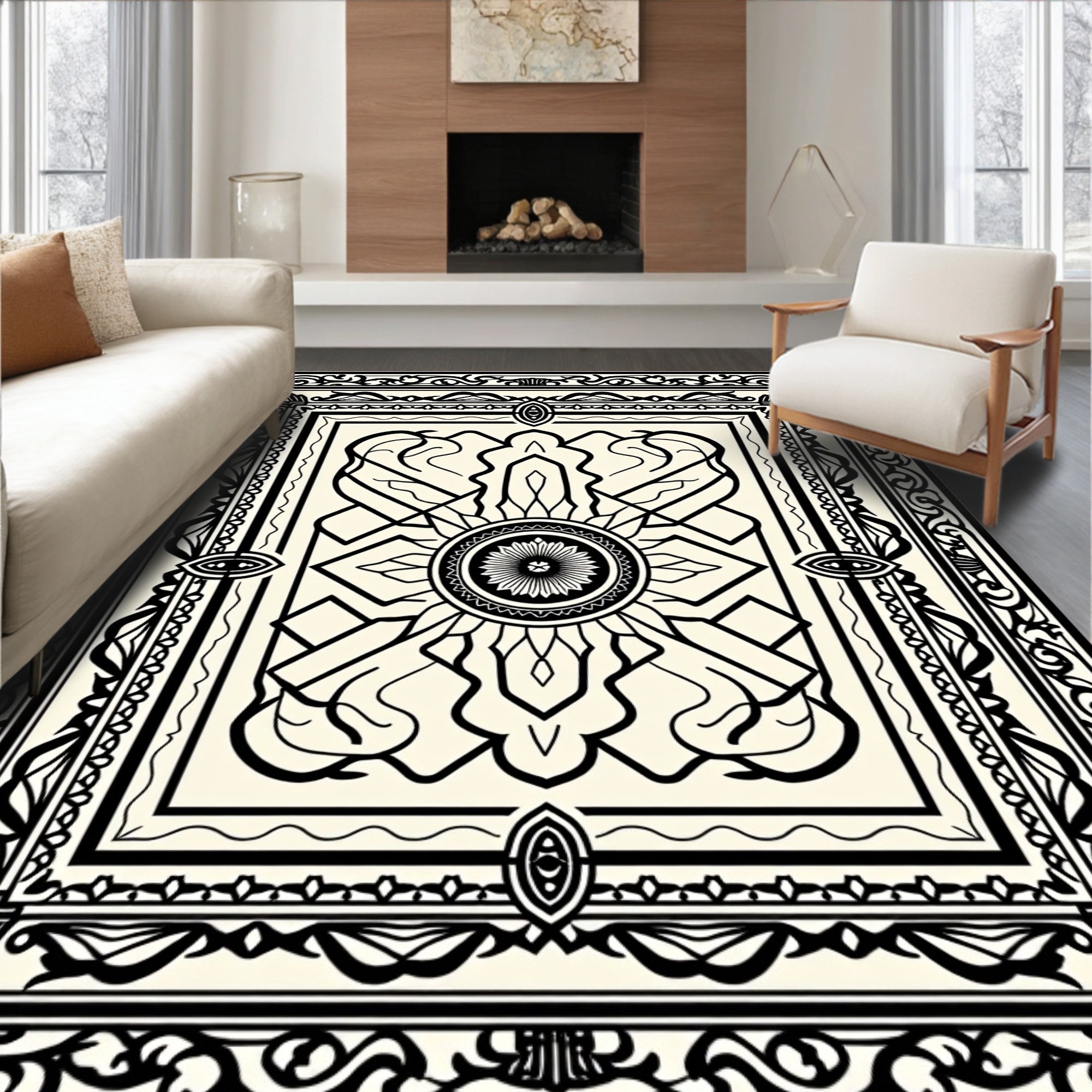 Bold Black Ivory Intricate Frame Rug