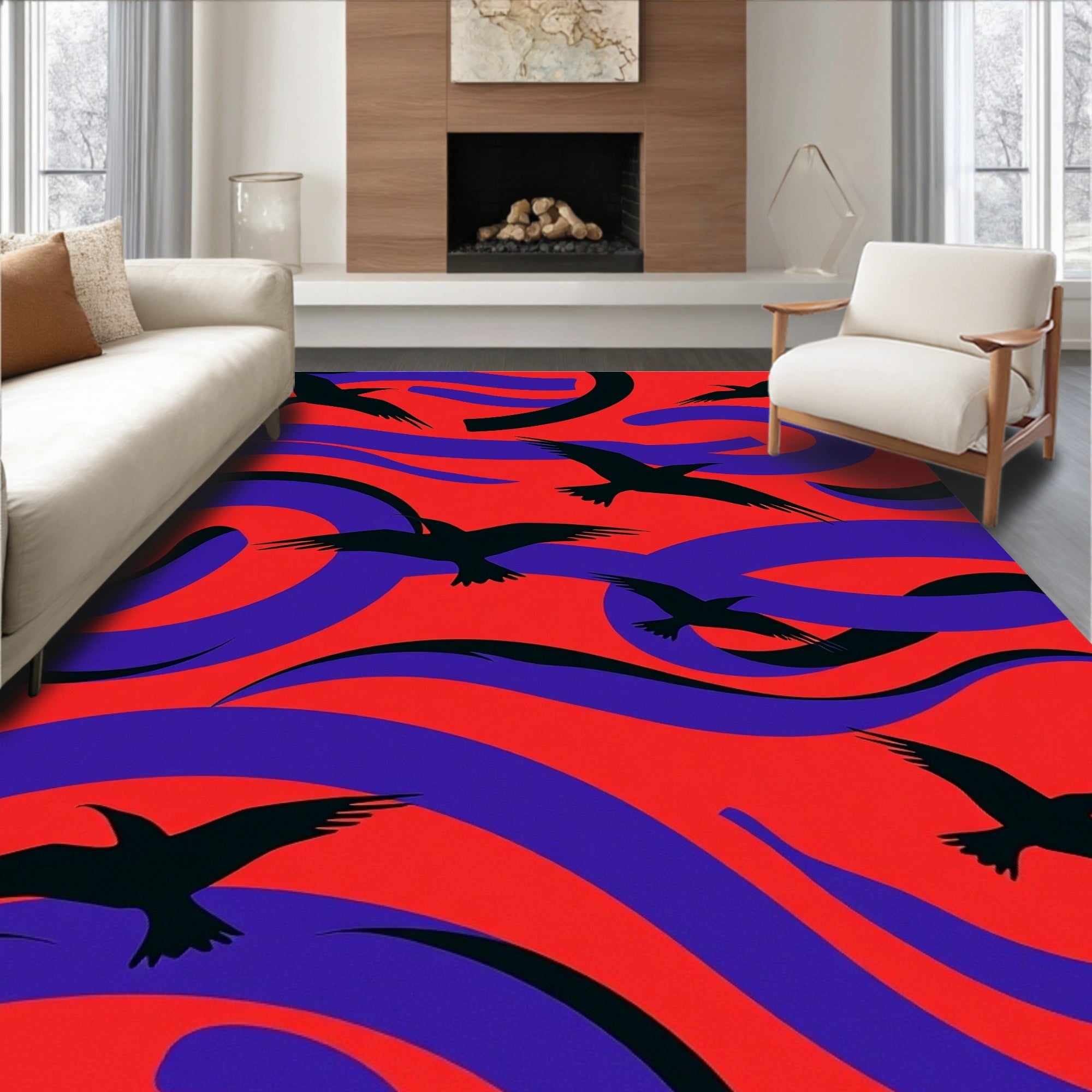 Red Purple Flying Bird Abstract Rug
