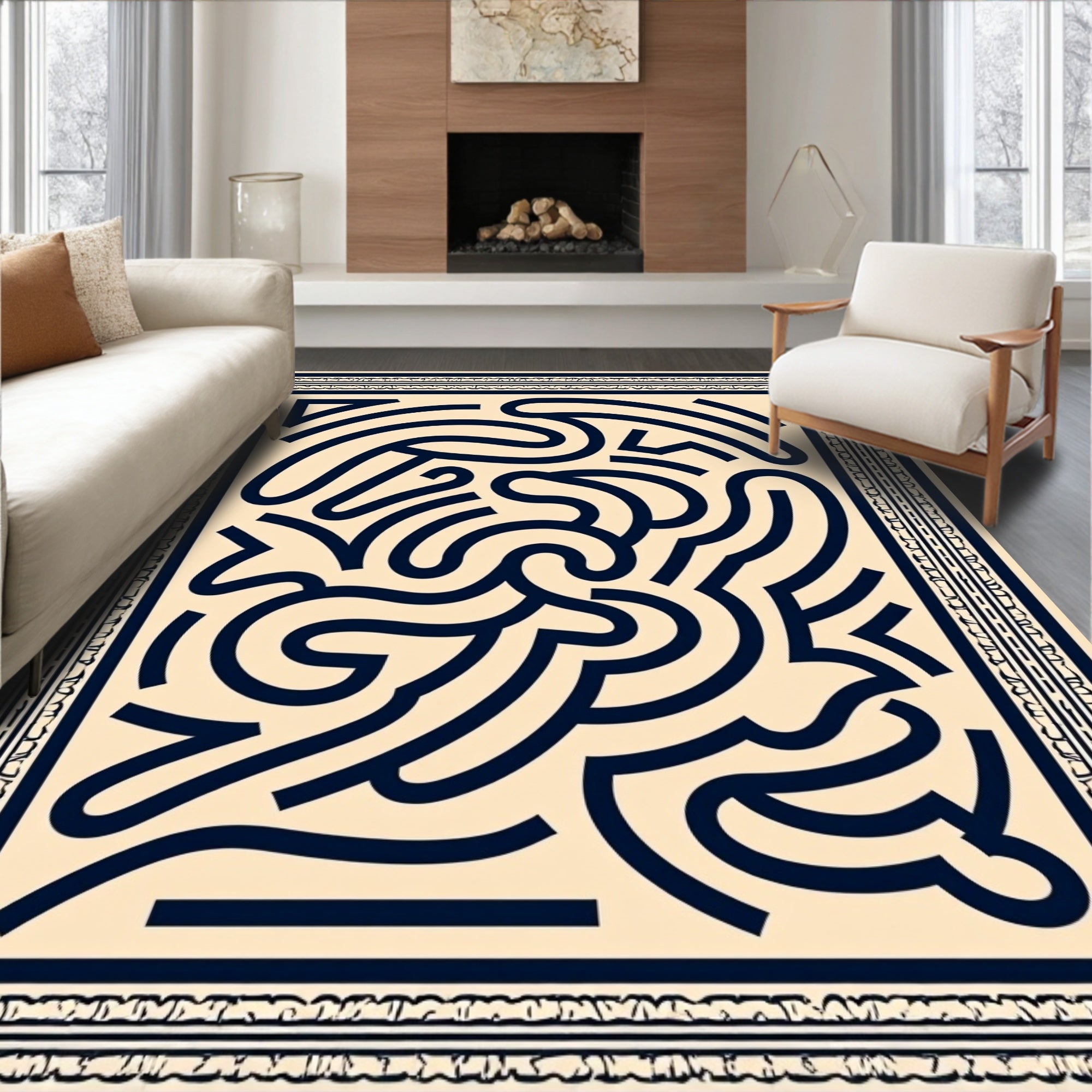 Navy Abstract Swirl Cream Rug