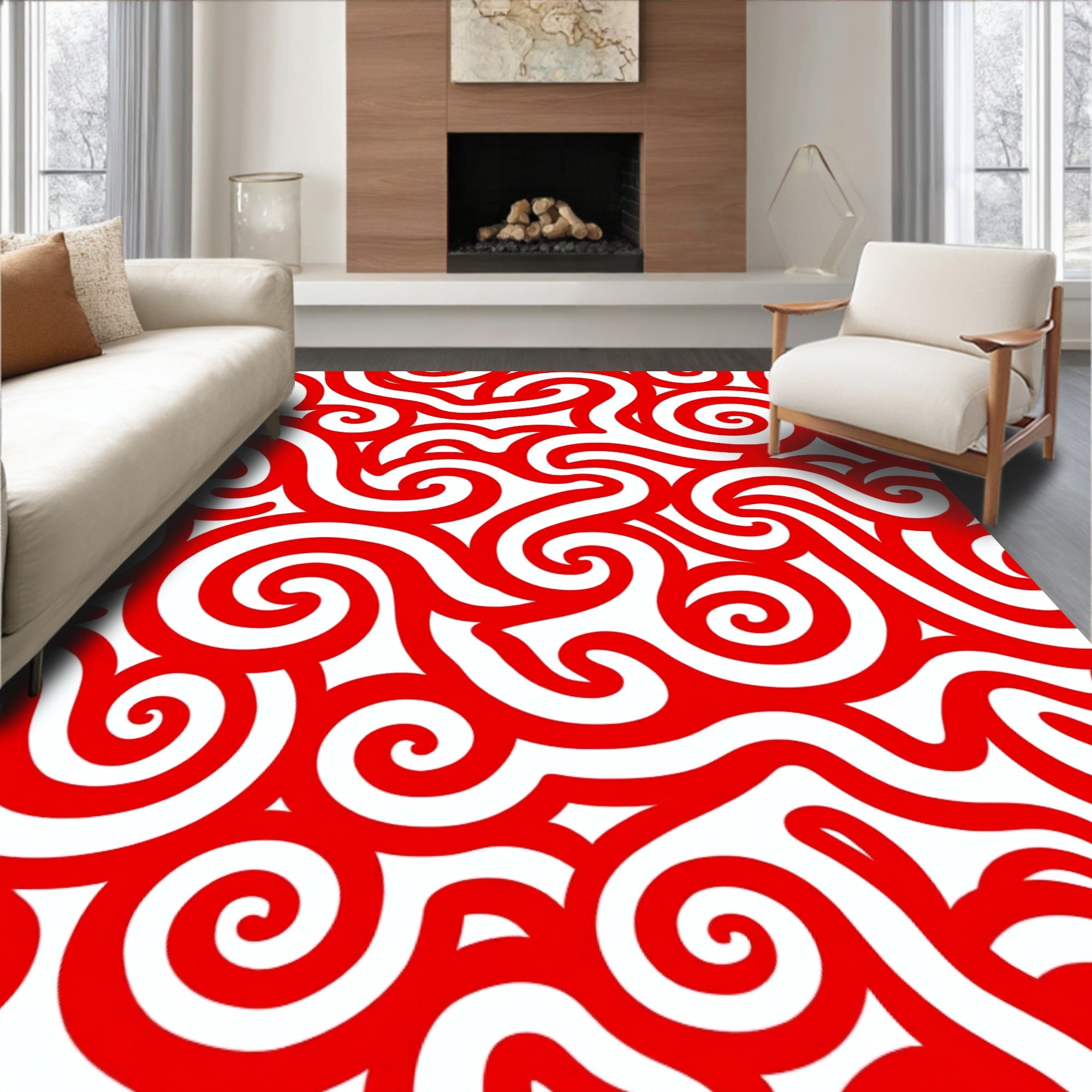 Bold Red Swirl Ribbon Weave Rug