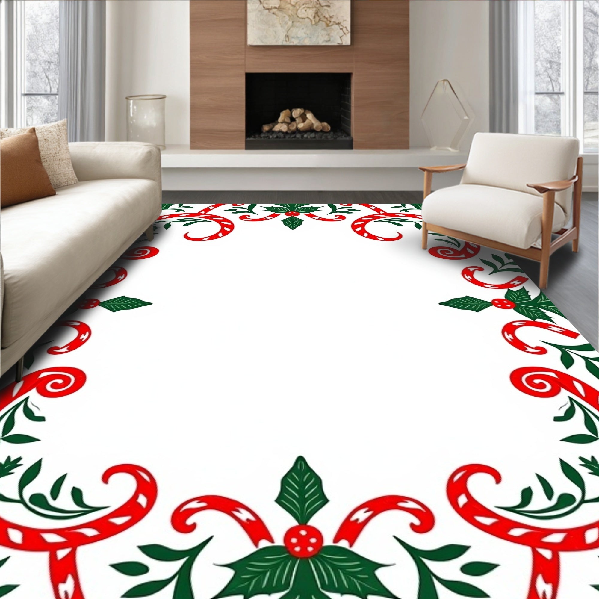 Red Green Holly Candy Cane Garland Rug