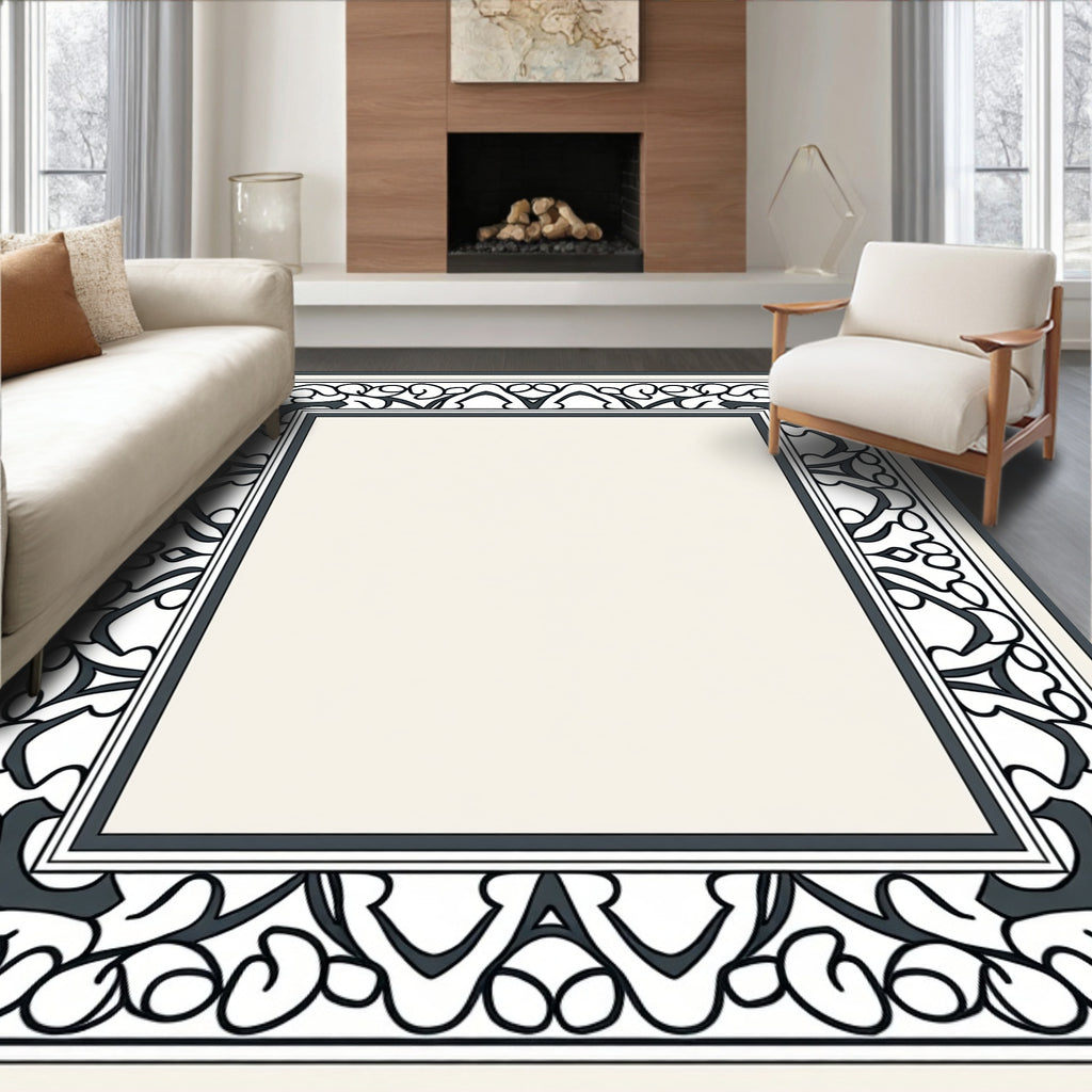Ornate Ivory Black Floral Border Rug