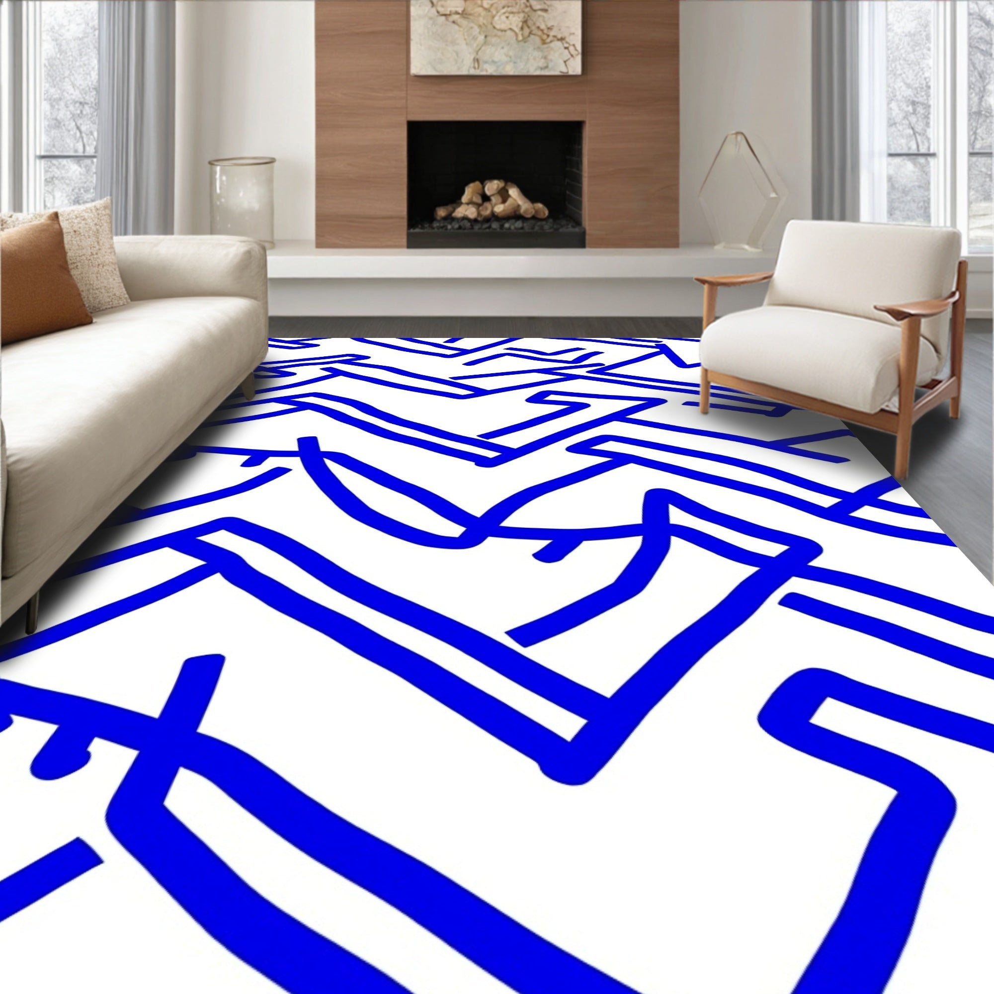 Bold Blue Abstract Geometric Lines Rug