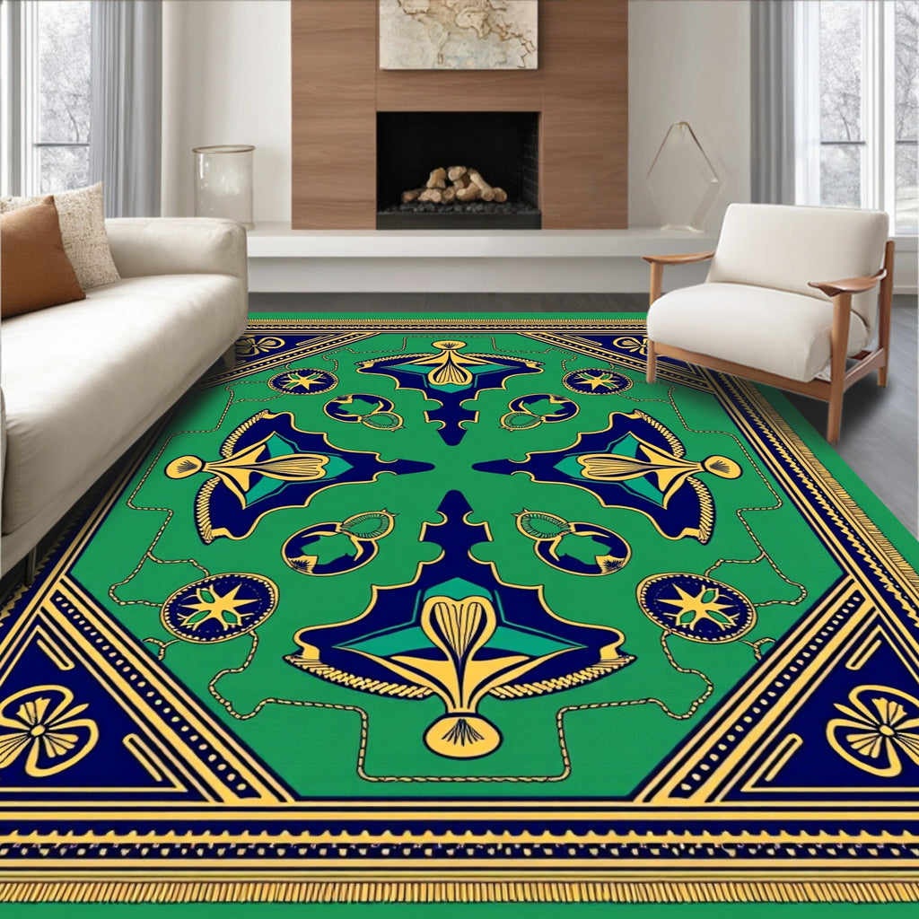 Emerald Blue Gold Symmetry Scroll Rug