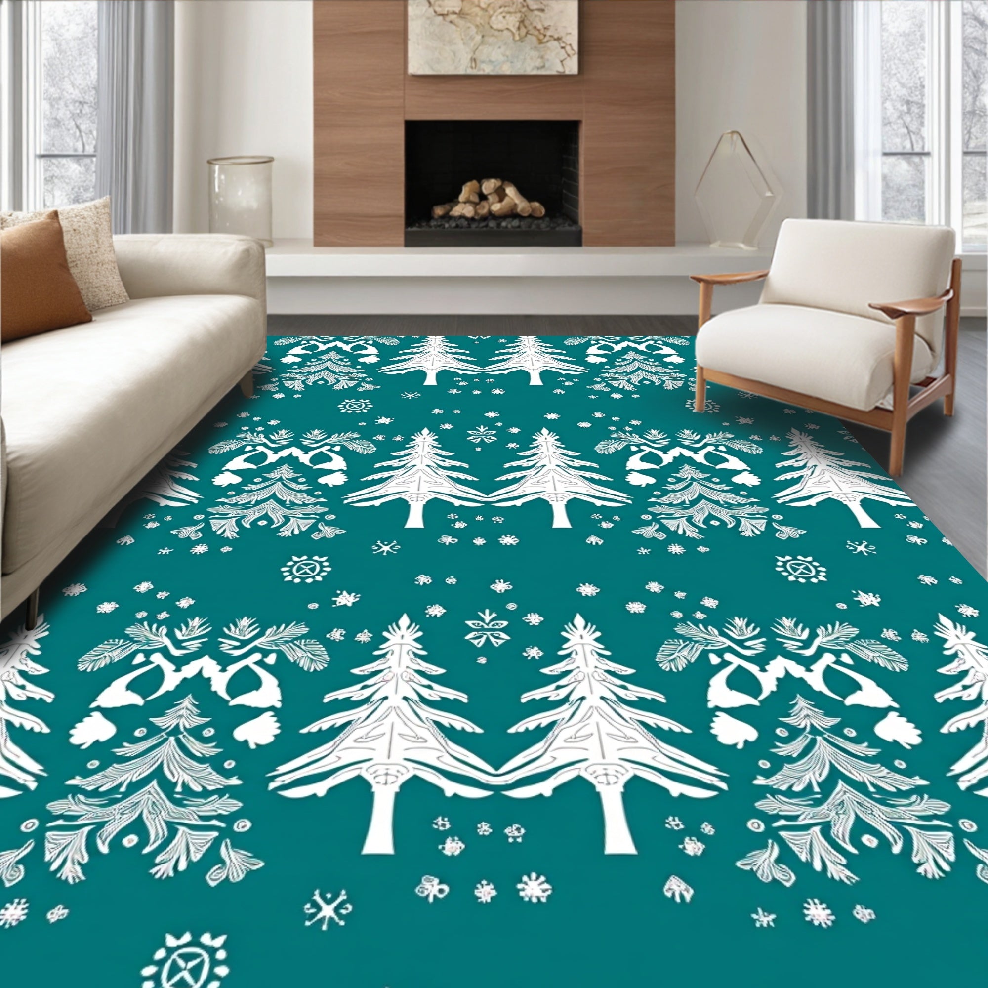 Teal White Christmas Tree Forest Rug