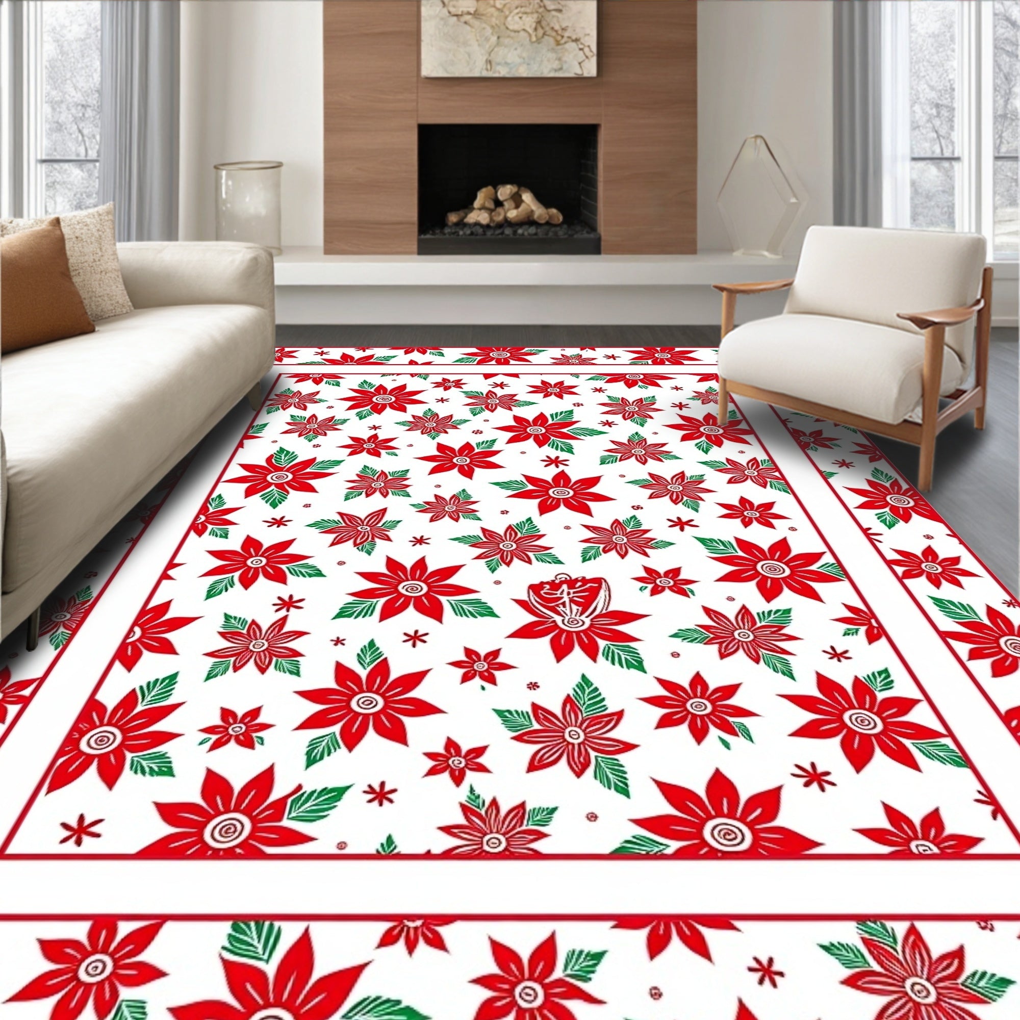 Festive Red Poinsettia Floral Border Rug