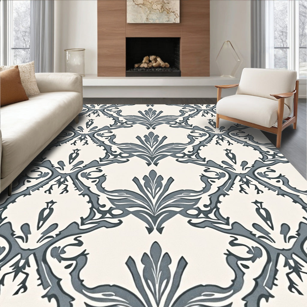 Vintage Gray Damask Scroll Rug