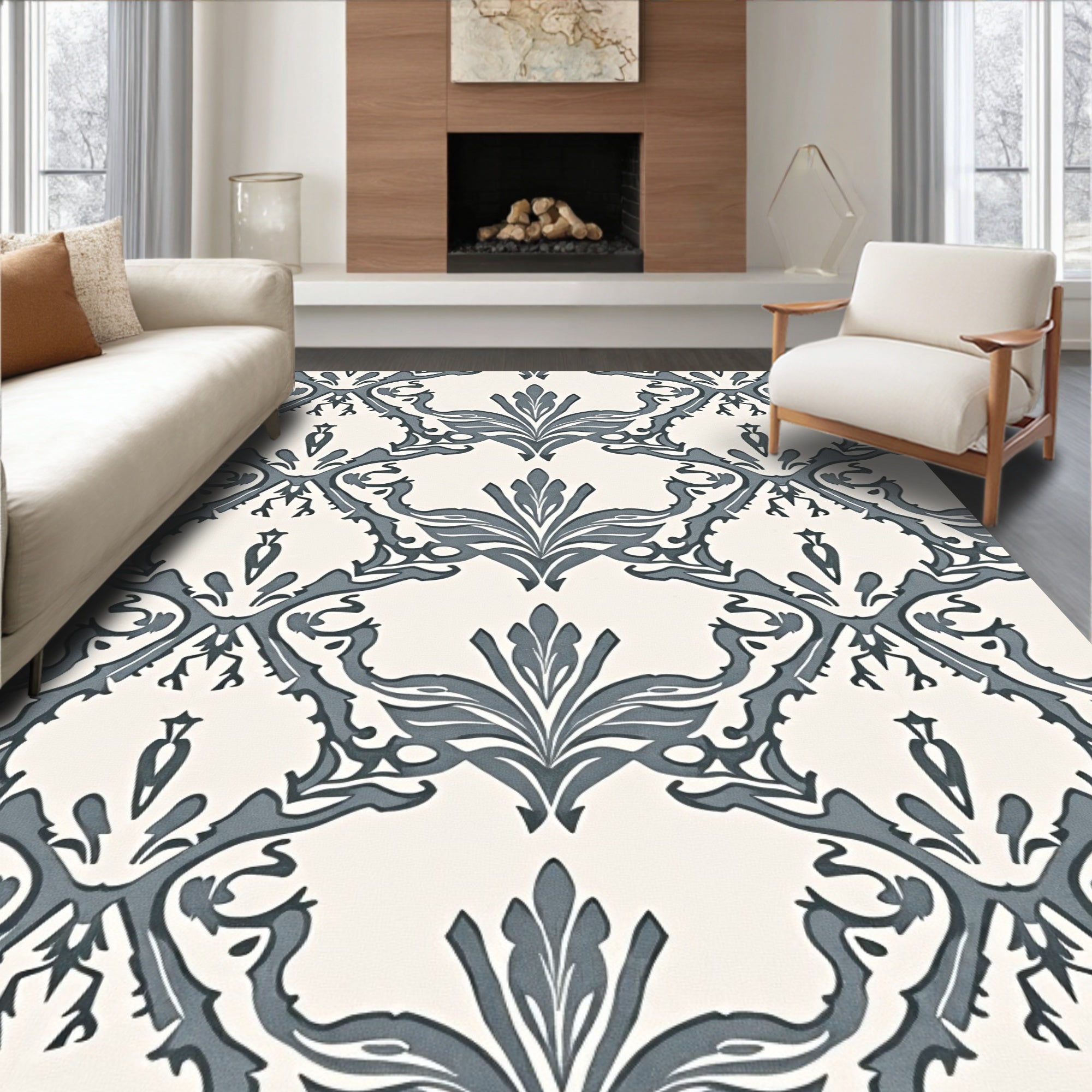 Vintage Gray Damask Scroll Rug