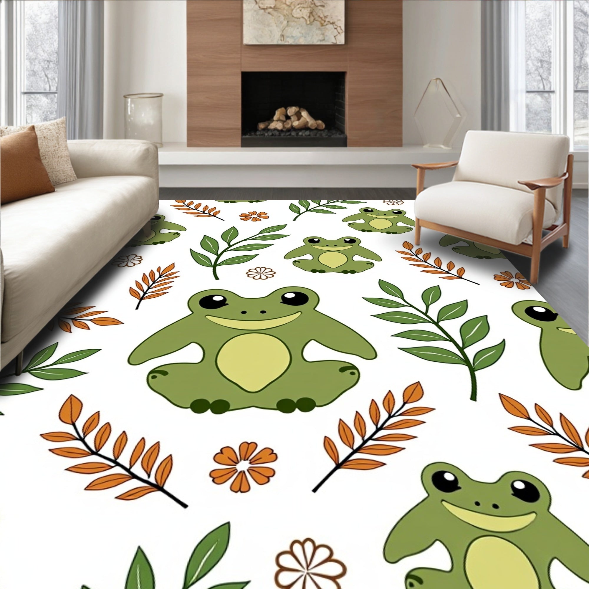 Whimsical Green Frog Autumn Foliage Rug