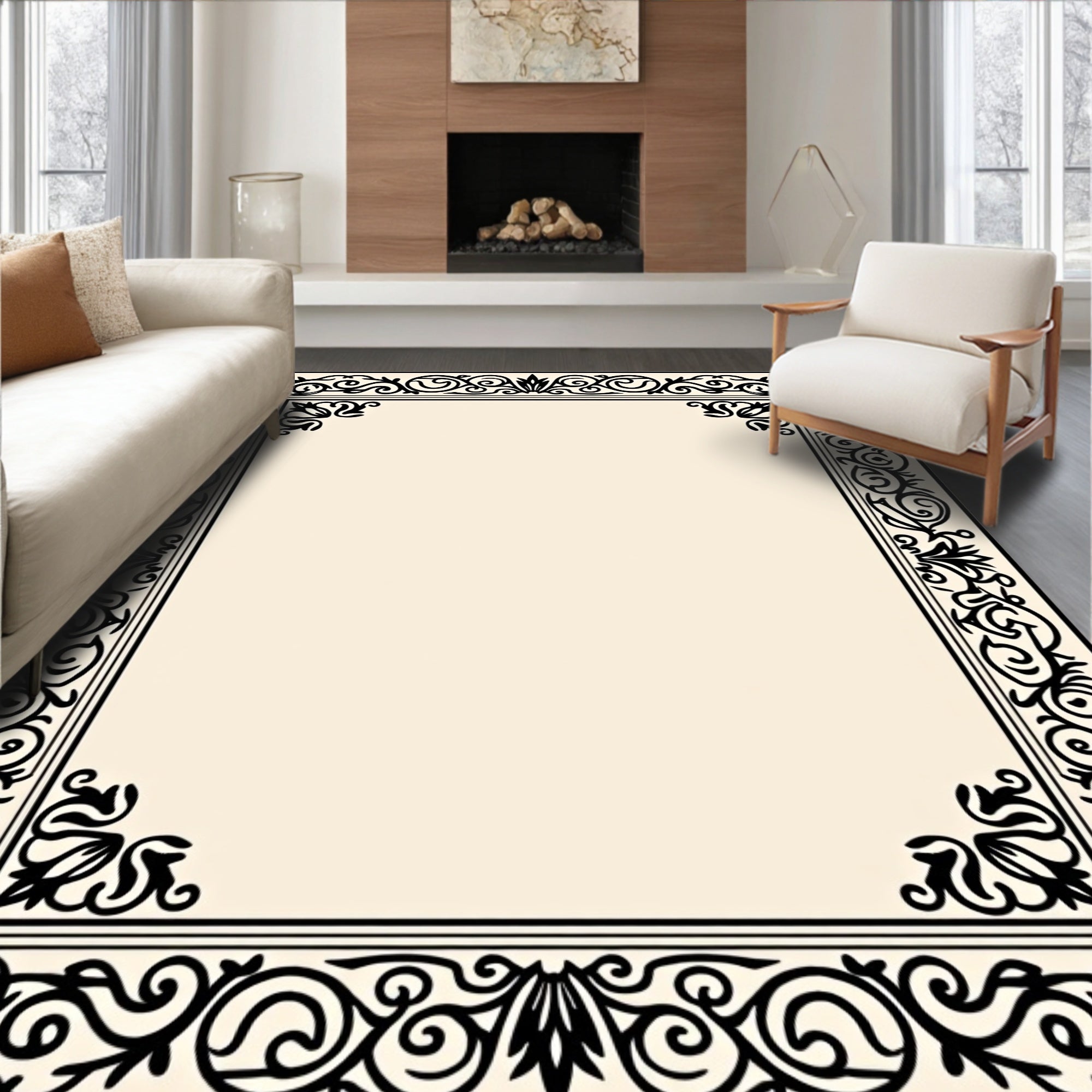 Black Ivory Scrollwork Frame Rug