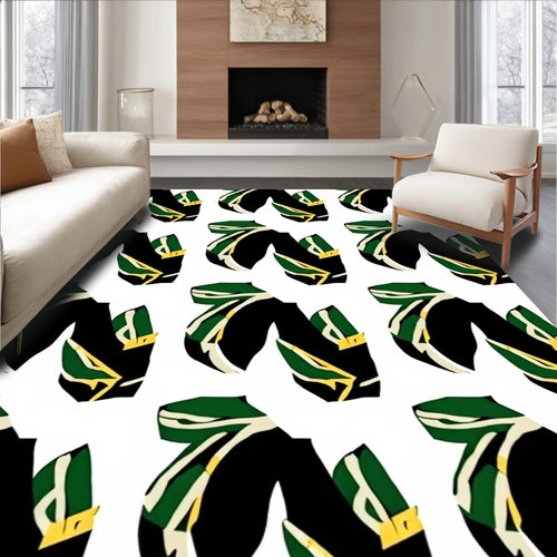 Black Green Golden Leaf Stripe Rug