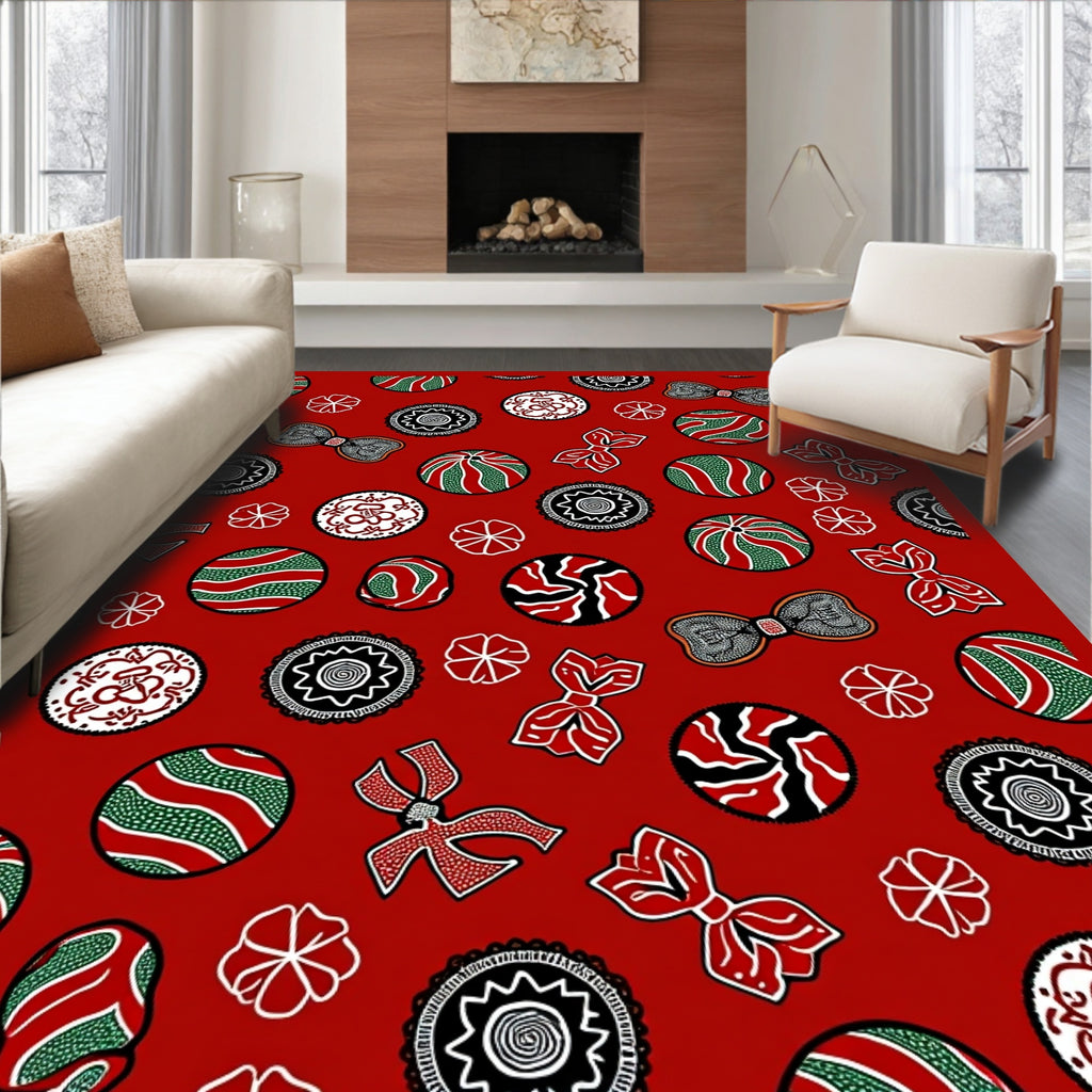 Red Green Orb Bow Medallion Spread Rug