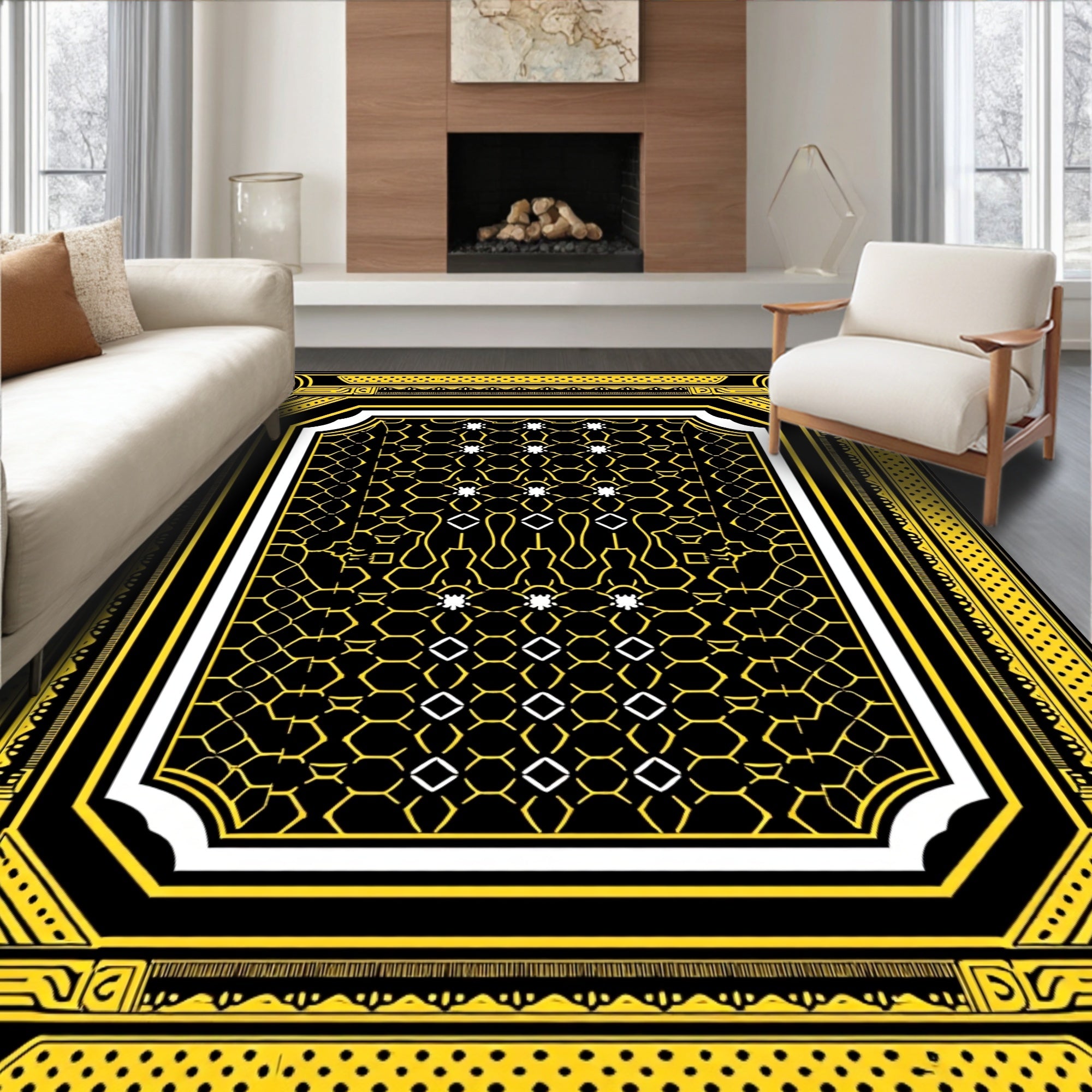 Bold Yellow Black Geometric Trellis Rug