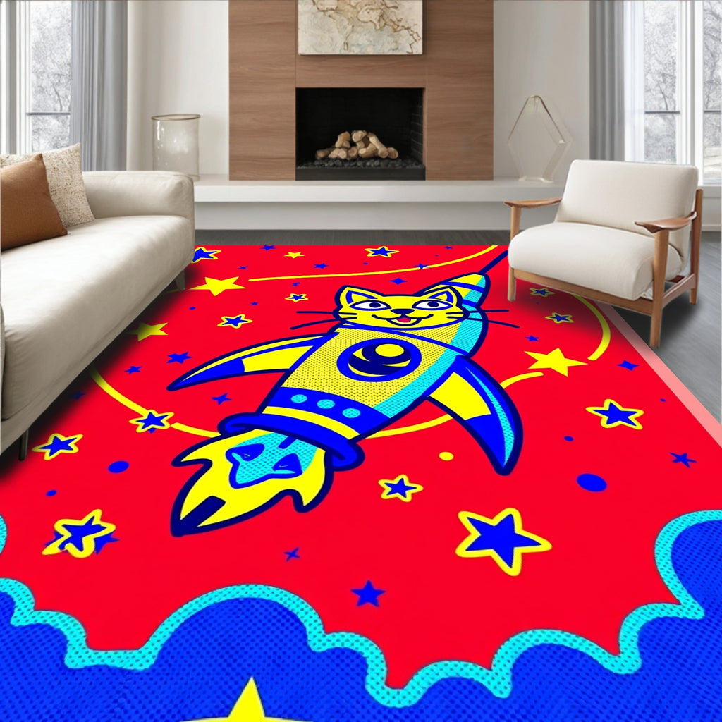 Whimsical Cat Rocket Stars Red Rug