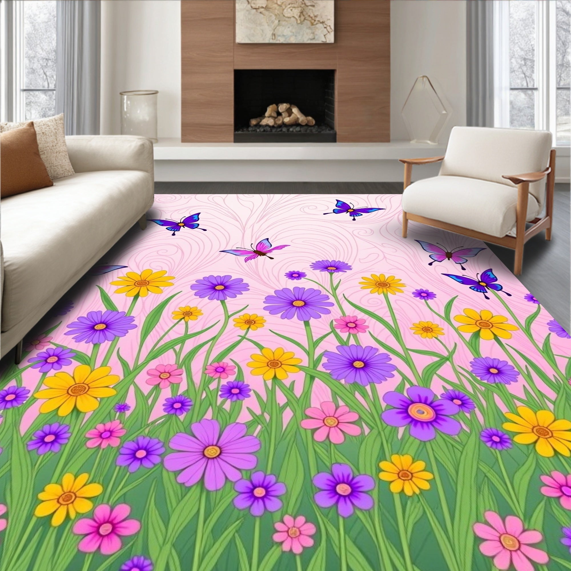 Whimsical Pink Butterfly Meadow Garden Rug