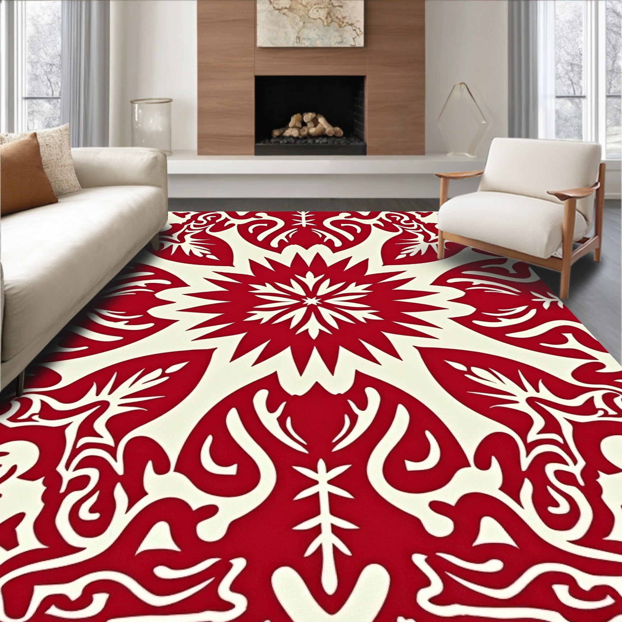 Bold Red Fiery Floral Radial Rug