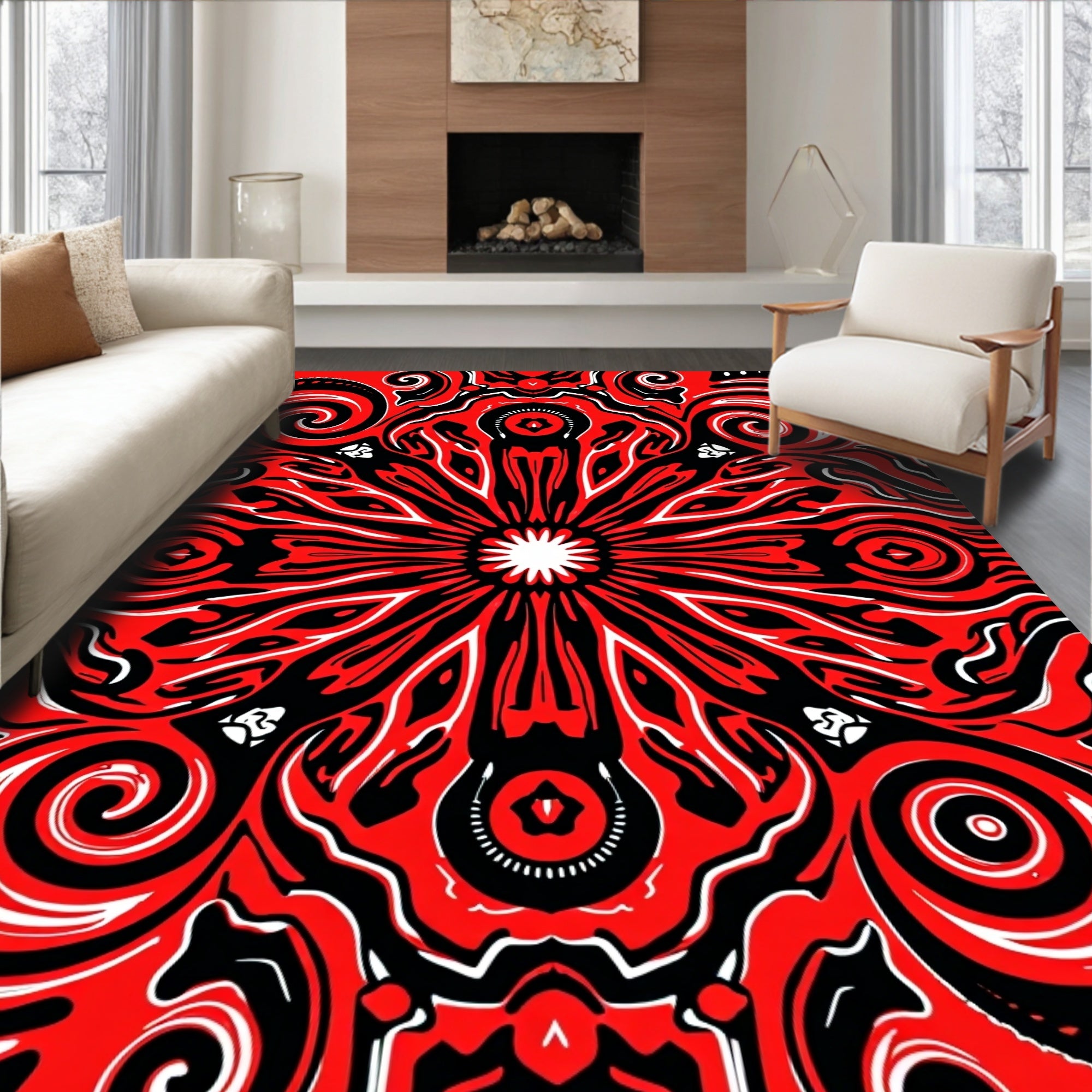 Vibrant Red Black Mandala SwirlRug Rug