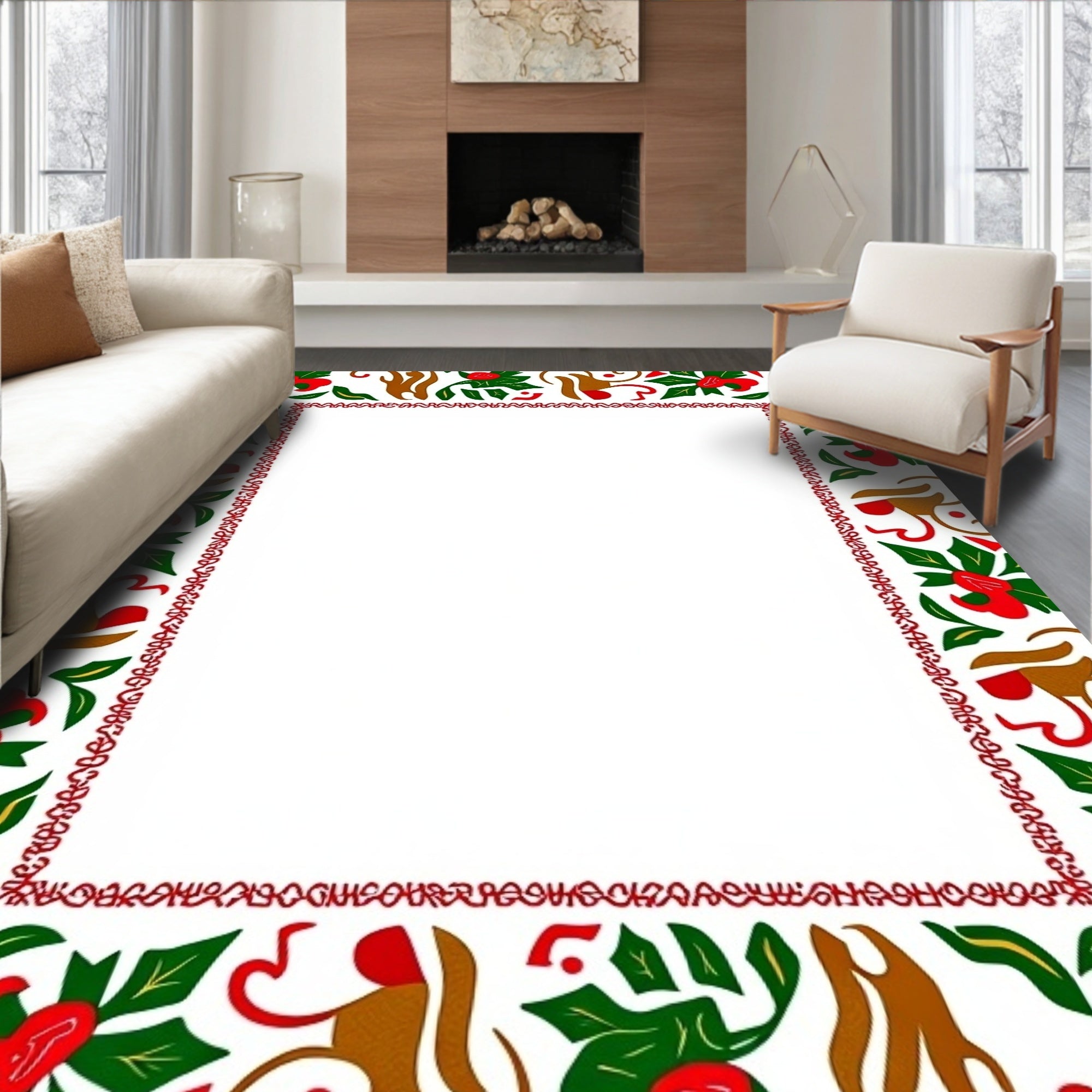 Festive Red Green Leafy Floral Border Rug