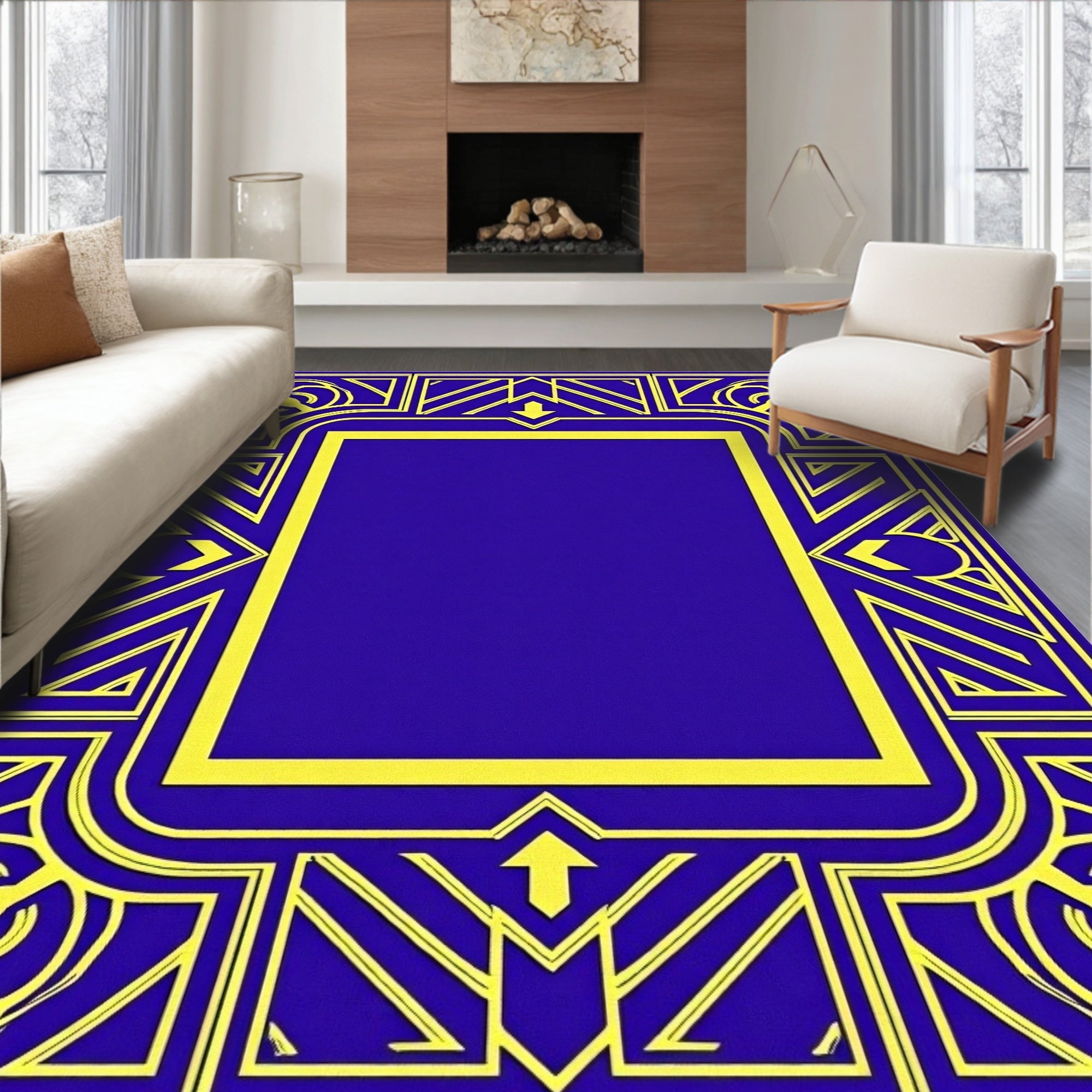 Royal Blue Yellow Geometric Art Deco Rug