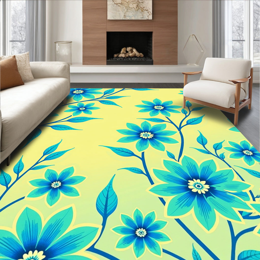 Bright Teal Floral Branches Yellow Background Rug