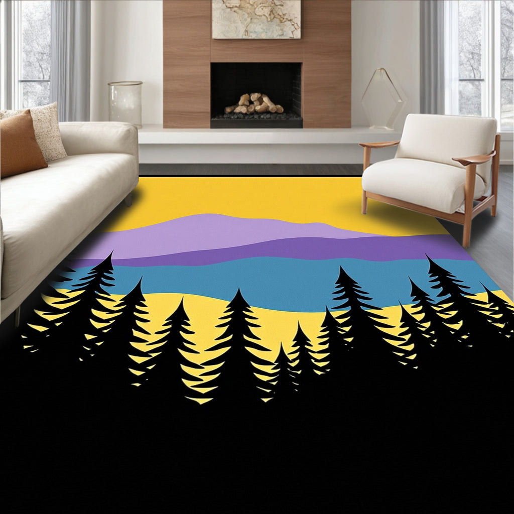 Purple Mountain Forest Landscape Sunset Rug