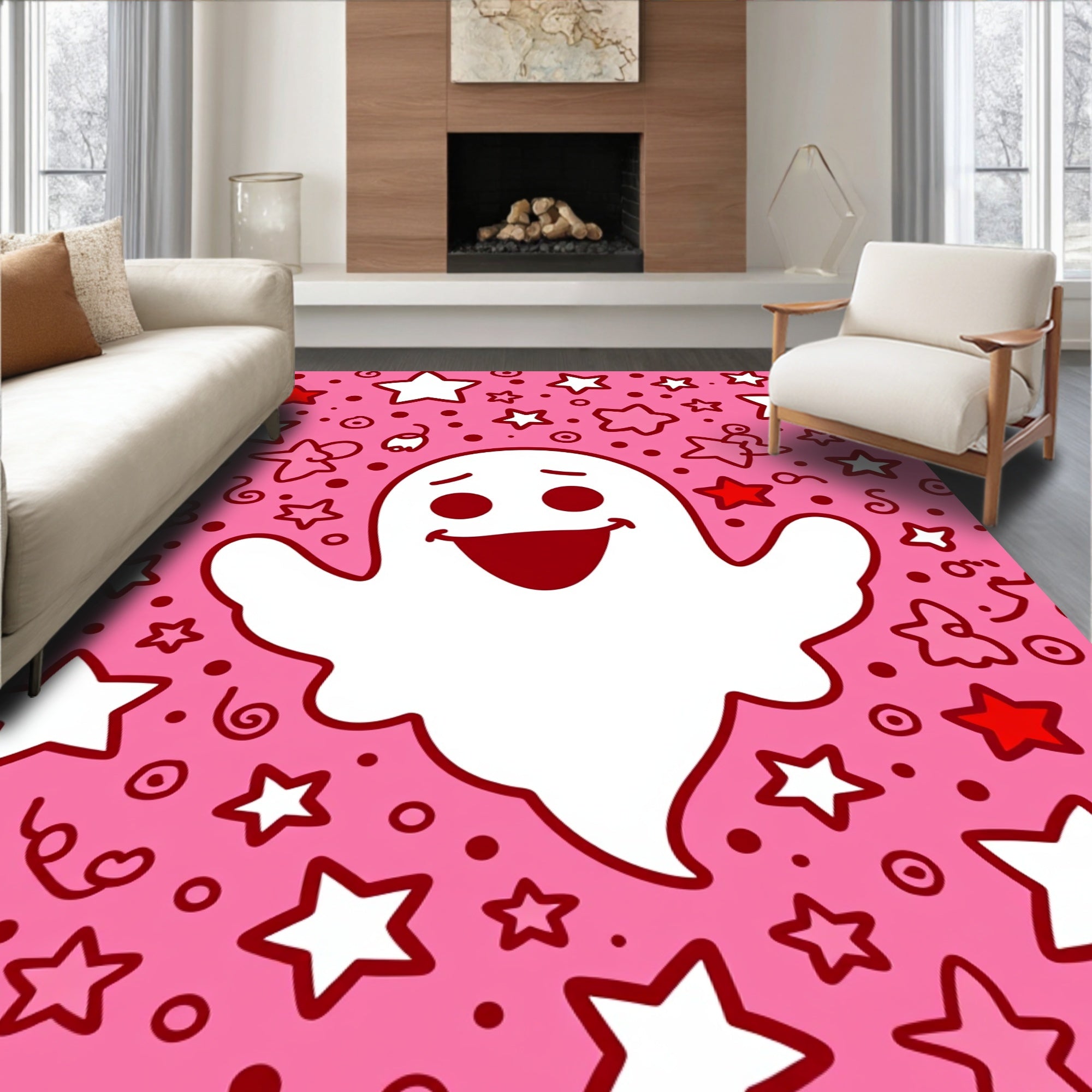 Playful Pink Ghost Star Mix Rug