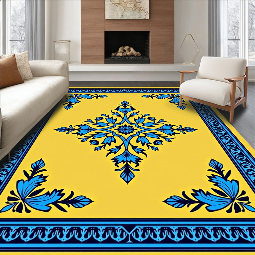 Yellow Blue Floral Medallion Frame Rug