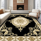 Ornate Black Gold Medallion Border Rug