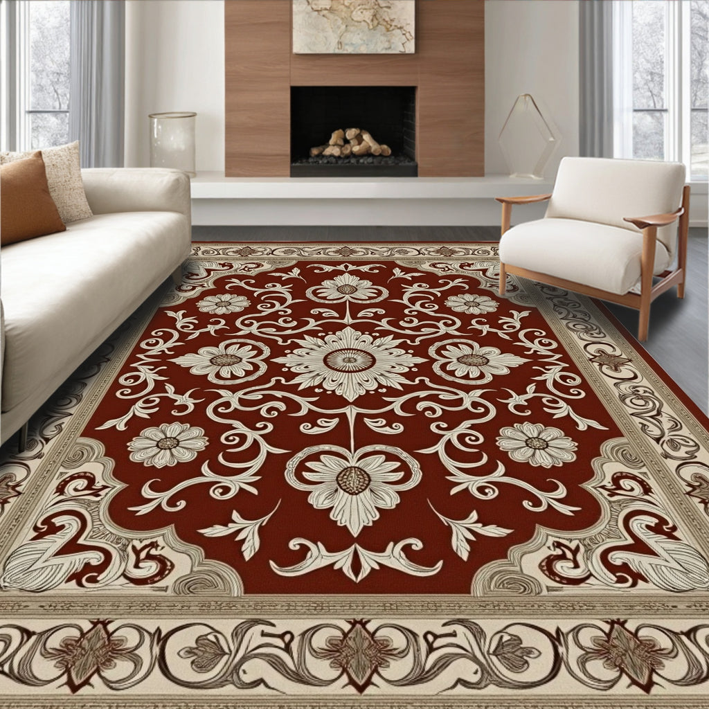 Crimson Floral Scroll Bordered Rug