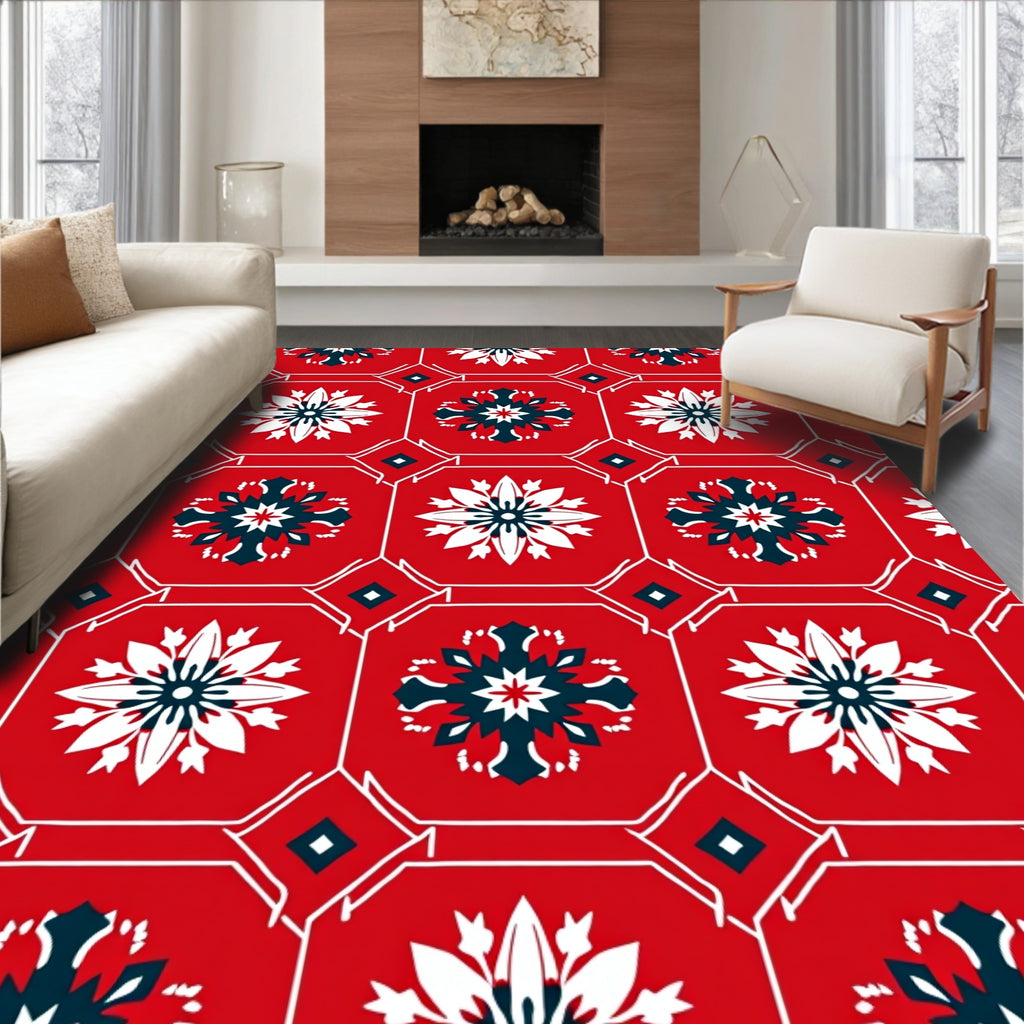 Red White Floral Medallion Geometric Rug