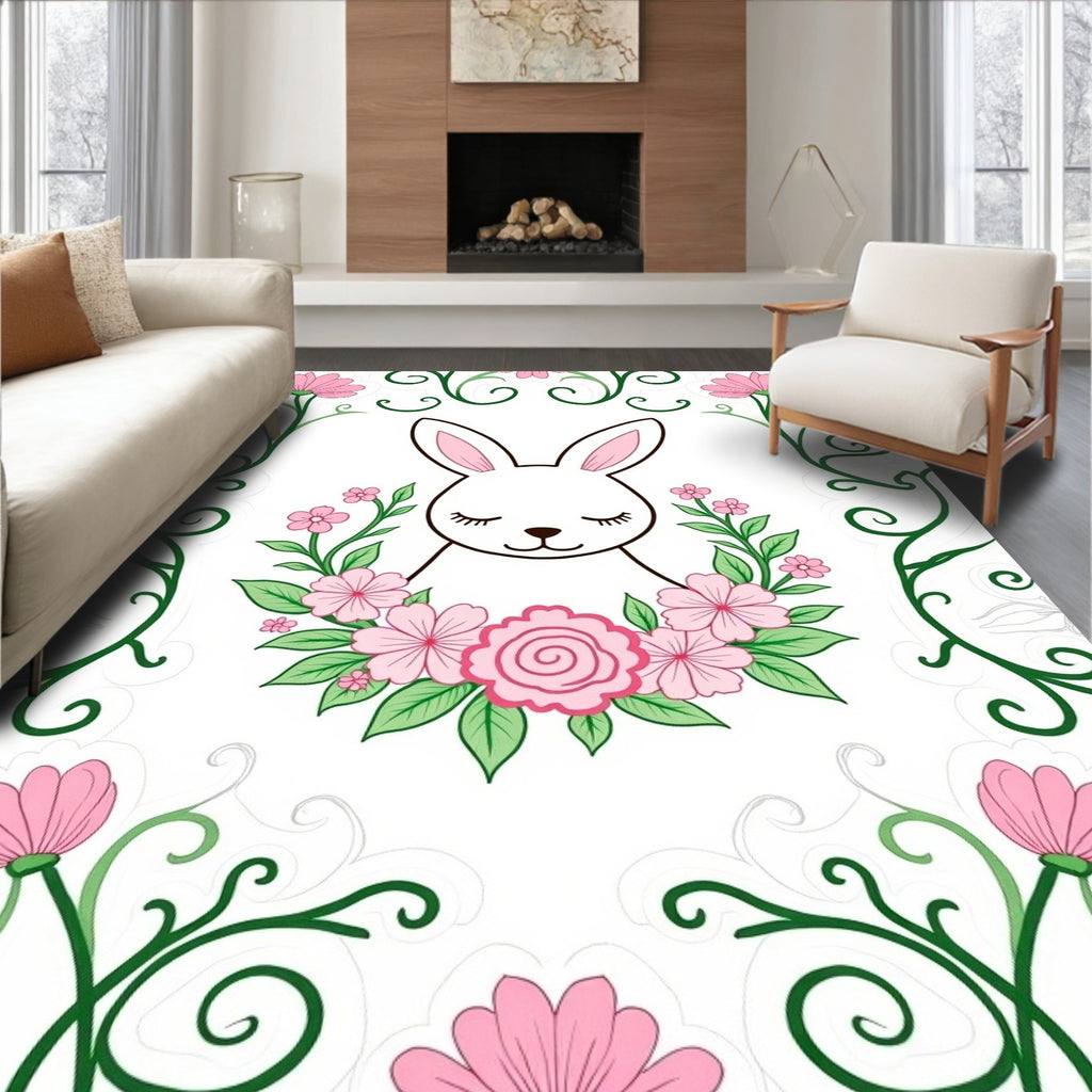 Whimsical Bunny Pink Floral Border Rug