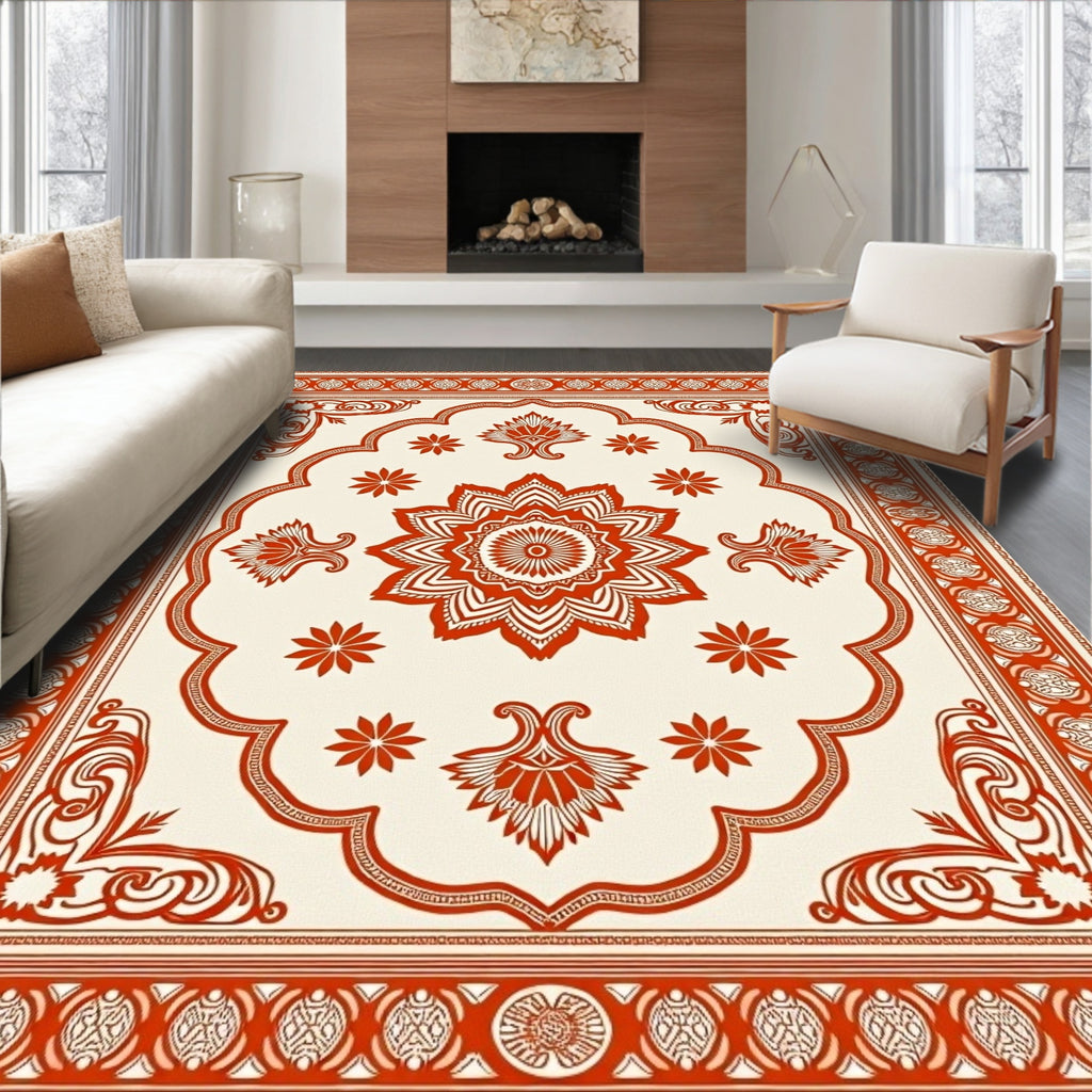 Ornate Crimson Mandala Cream Rug