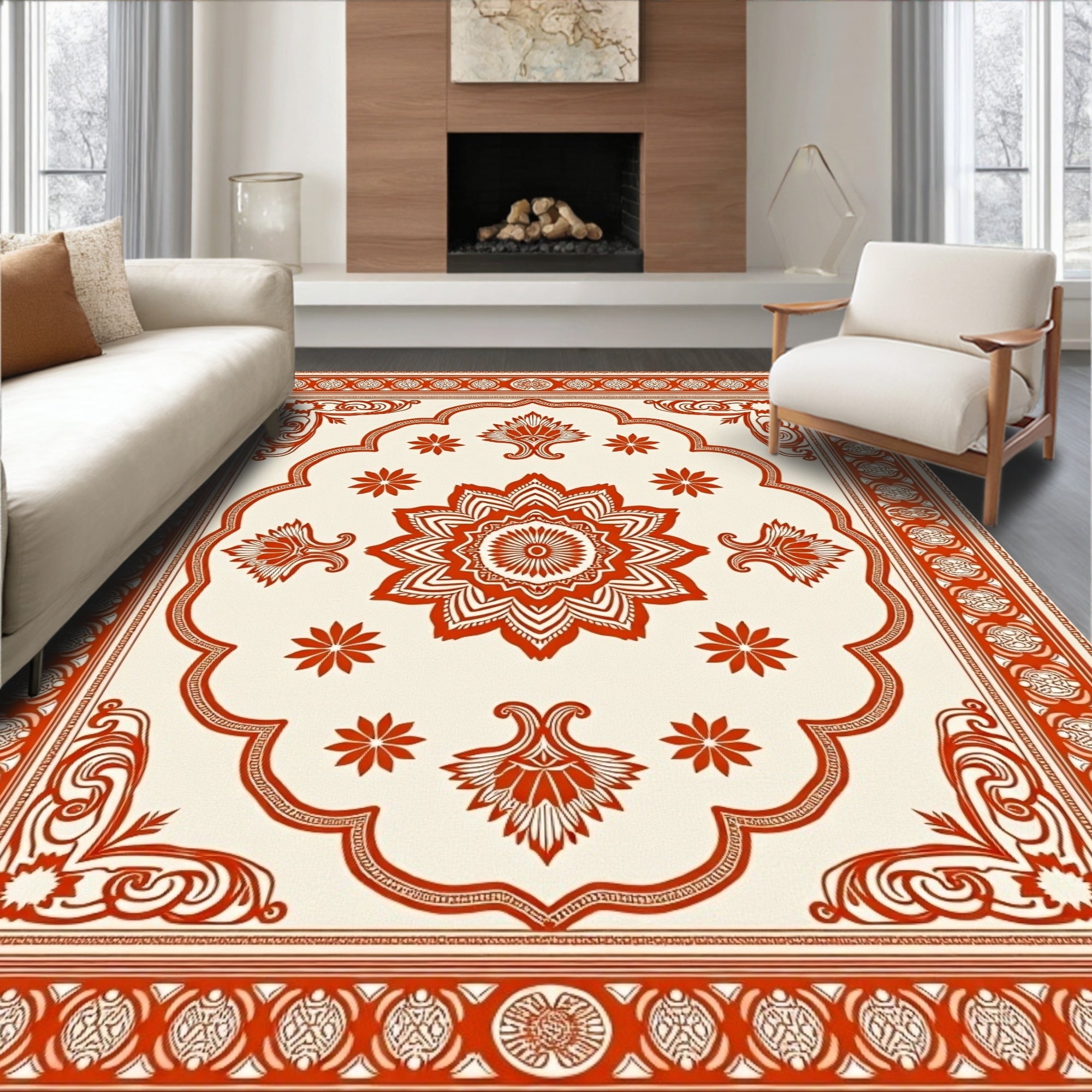 Ornate Crimson Mandala Cream Rug