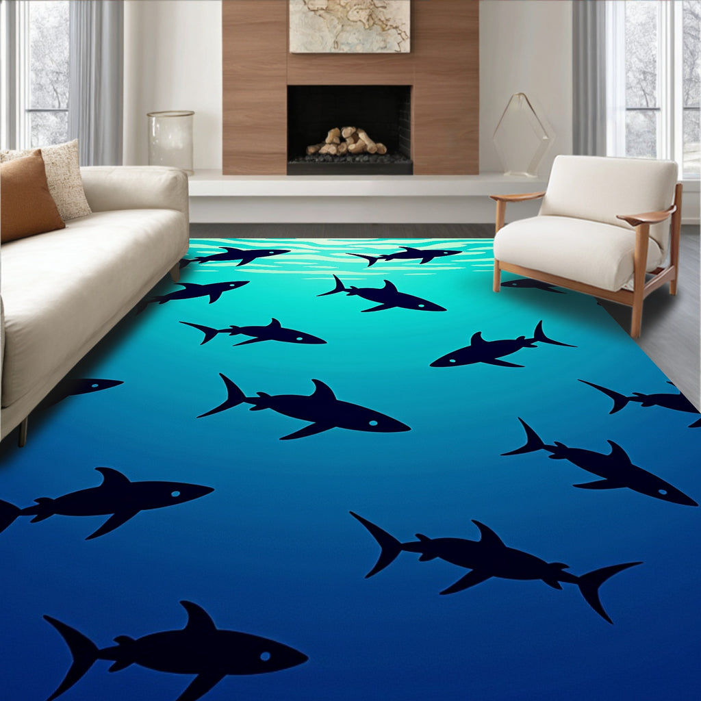 Dark Blue Silhouette Shark School Rug