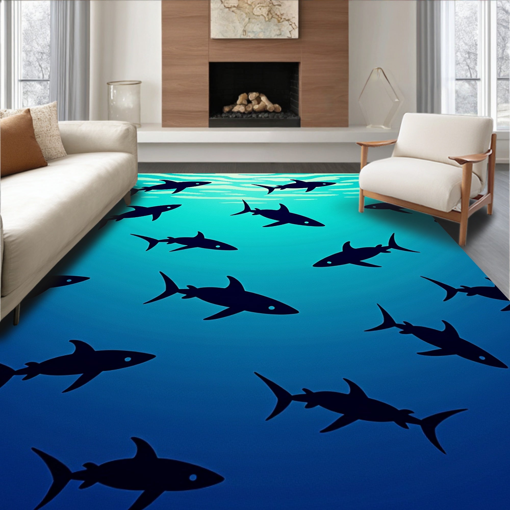 Dark Blue Silhouette Shark School Rug