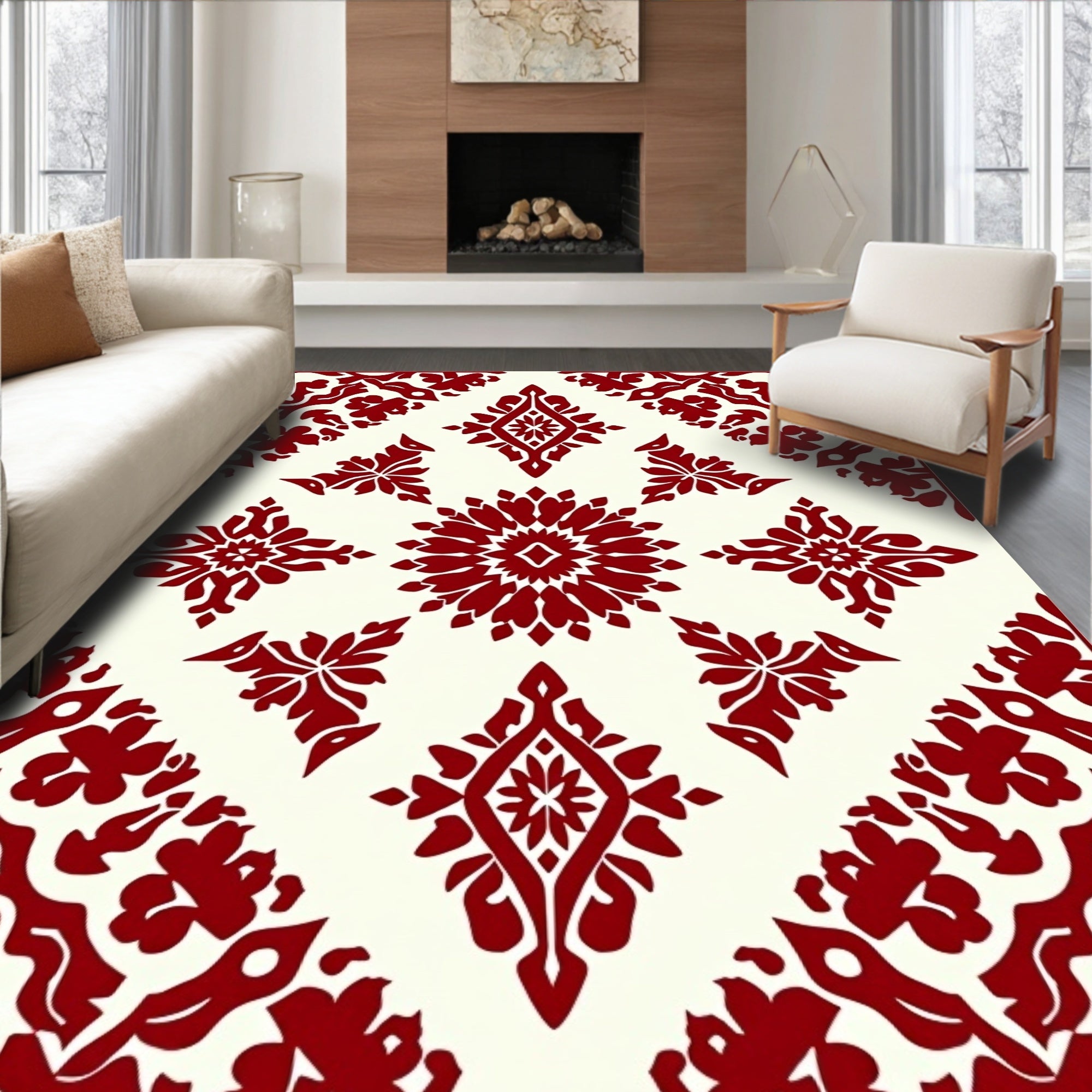 Crimson Floral Symmetry Diamond Rug