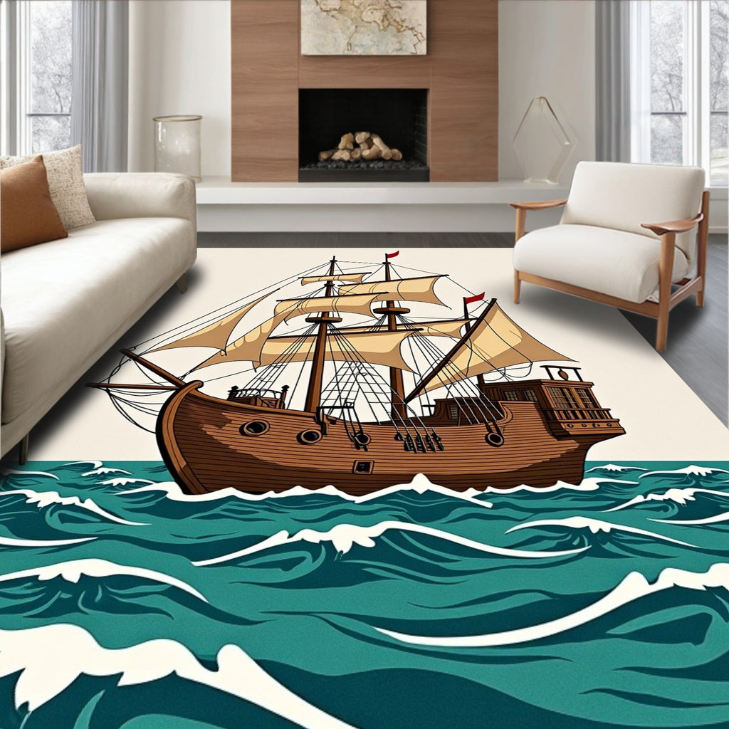 Antique Galleon Sailing Turquoise Waves Rug