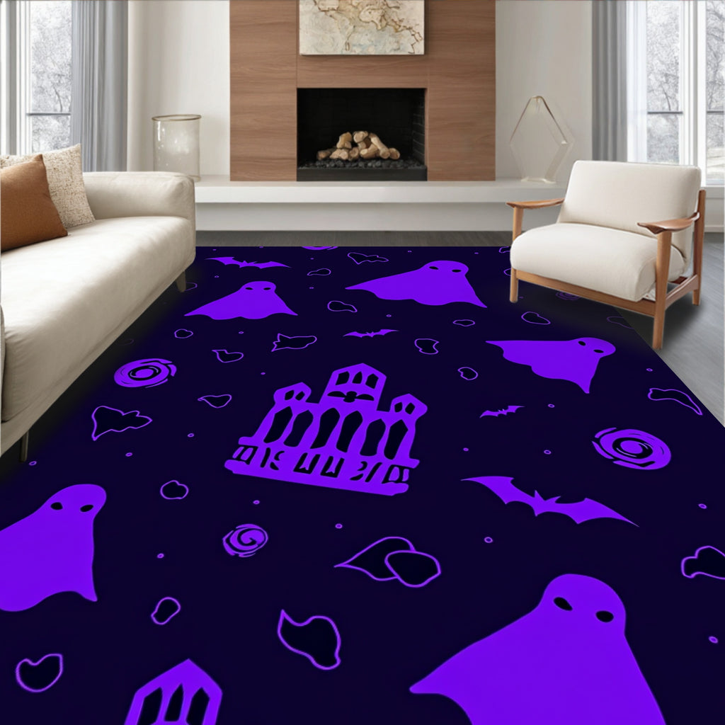 Spooky purple ghost haunted castle bat Rug