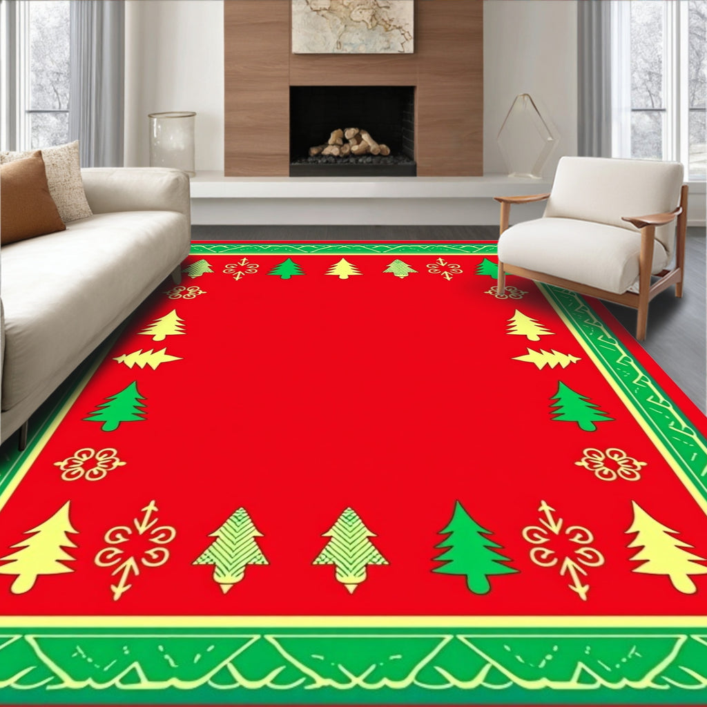 Festive Red Green Christmas Tree Border Rug
