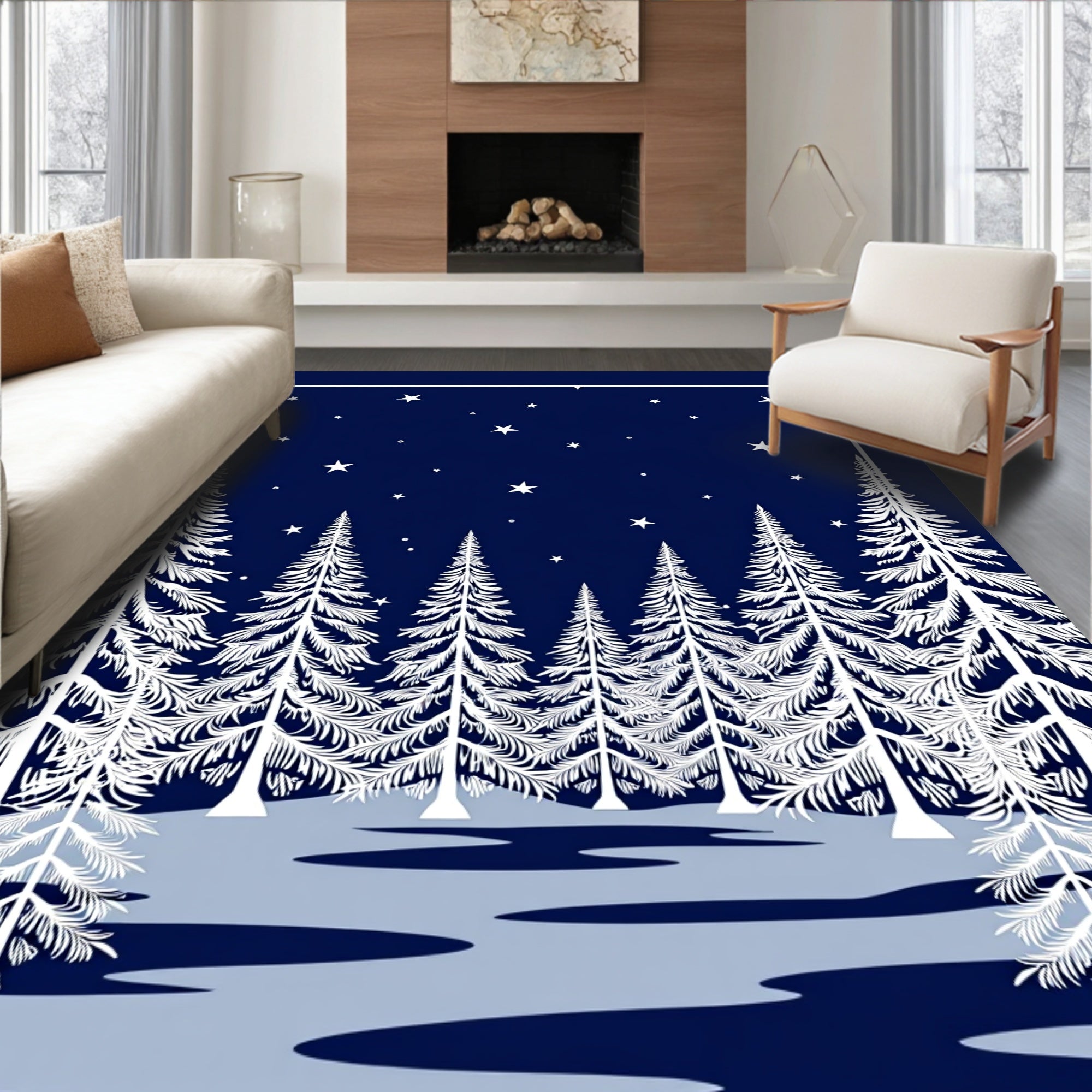 White Winter Pine Forest Stars Rug