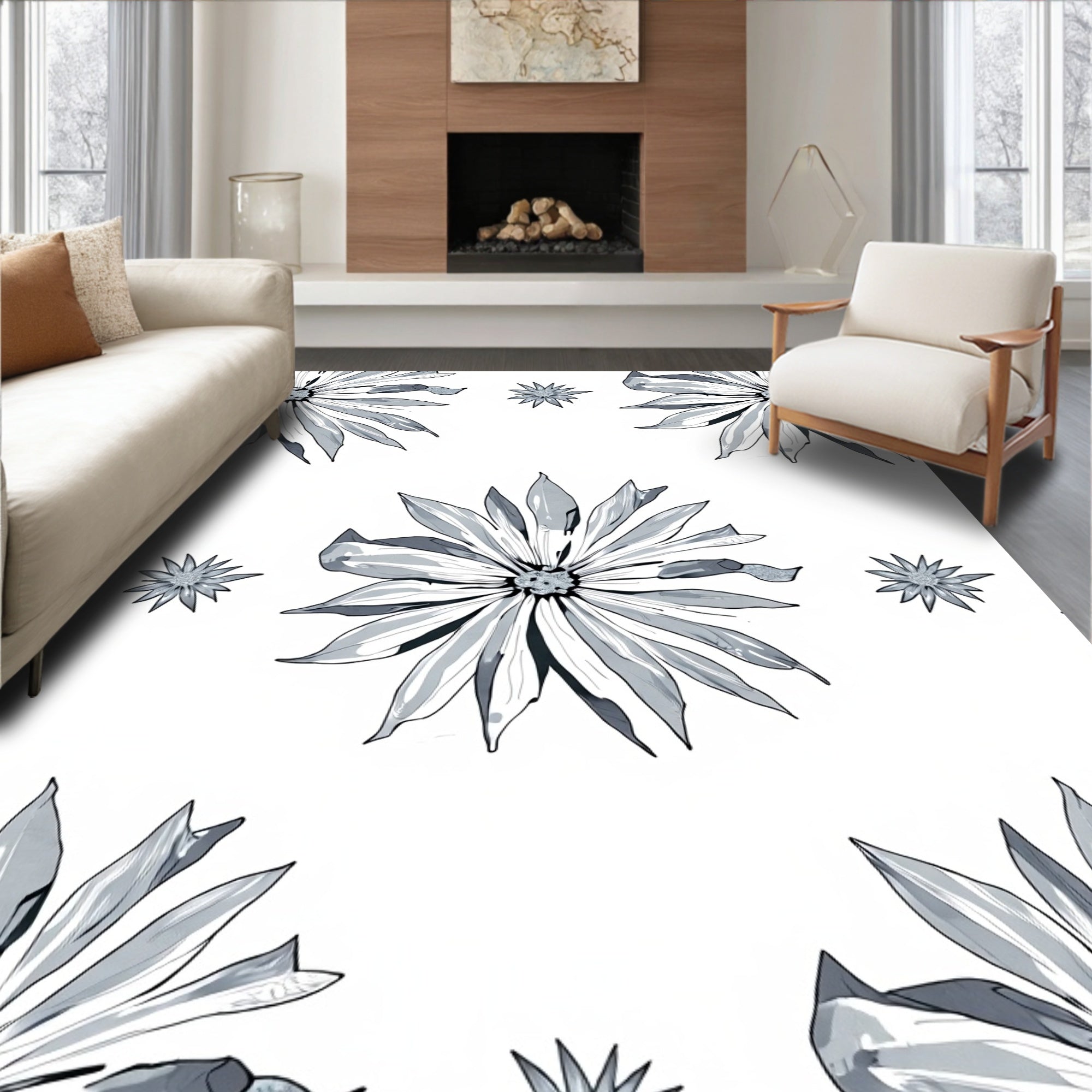 Monochrome Floral Bloom Repeat Rug