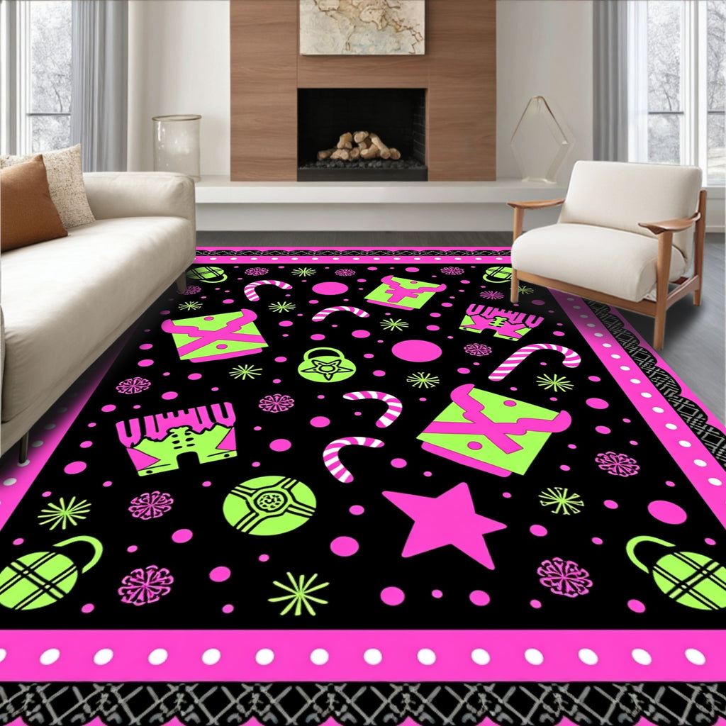 Neon Christmas Objects Black Pink Border Rug